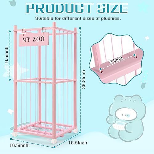 Miniatura 2 de Zoo de almacenamiento de animales de peluche con ruedas, organizador de animales de peluche de madera con cordones elásticos, soporte de