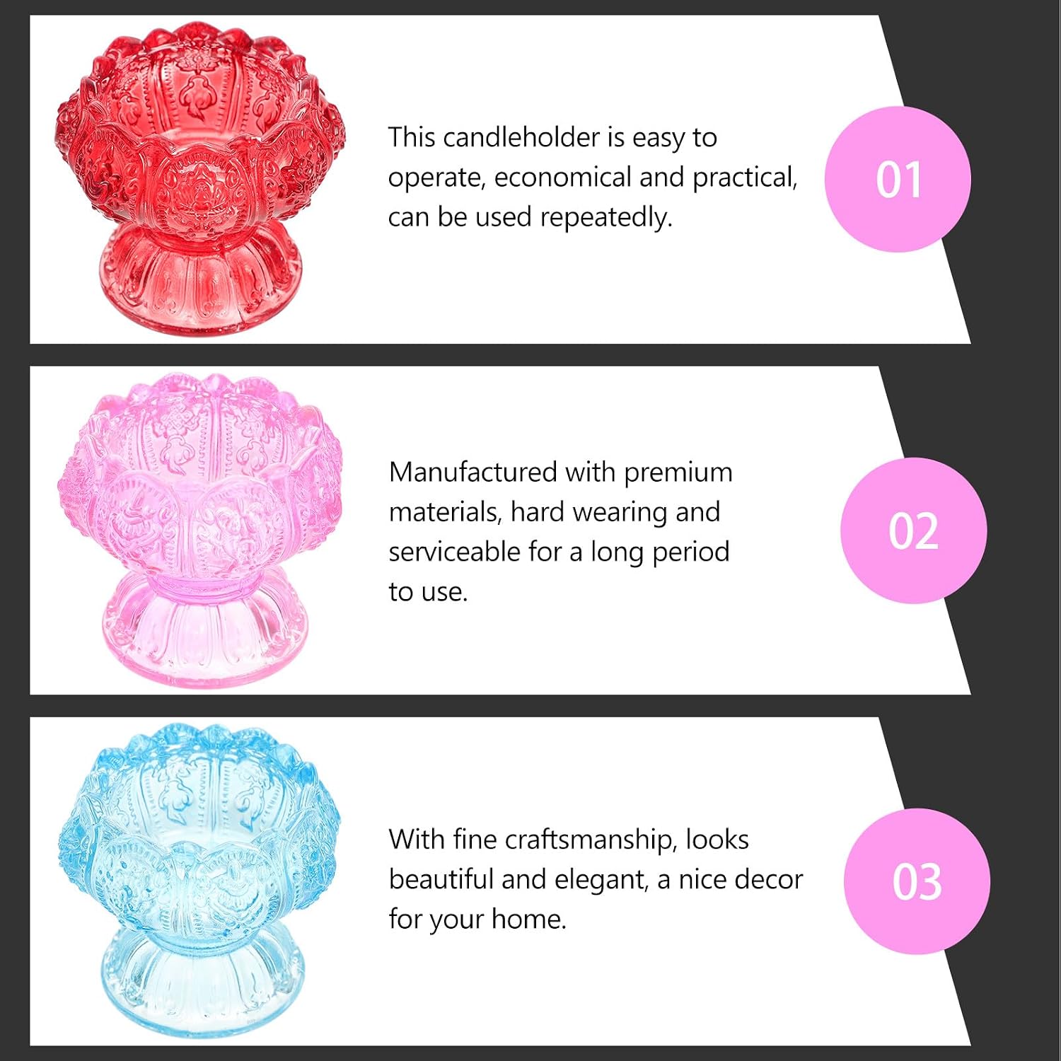 YARNOW 3pcs Glass Tealight Stand Candleholders Set, Small Blue Red Pink Crystal Glass High Base Desktop Candle Holder for Religious Butter Lamp and Home Décor