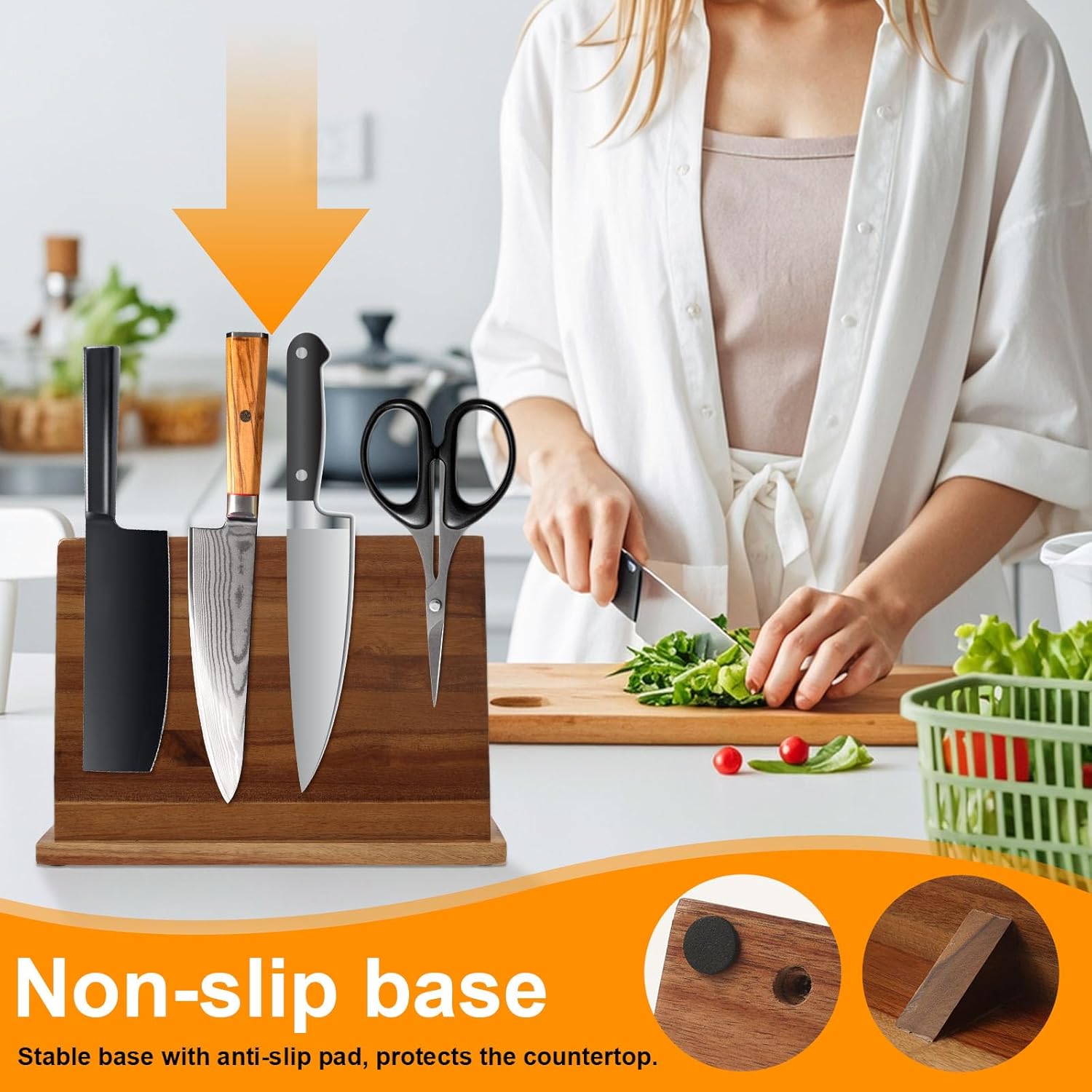 Magnetic Knife Block, Magnetic Knife Holder Countertop with Anti Slip Pad, Wood Knife Stand Kitchen with Two Row of Magnetic Strip 12.5 Inch,Multifunctional Knives Storage (Acacia Wood)