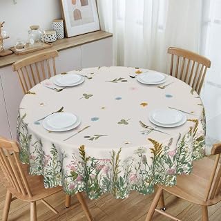 Blue Floral Table Cloths, Boho Spring Summer Wildfloral Flower Botanical Plants Seasonal Vintage Rustic Coffee Table Cover Decor for Kitchen Farmhouse Dining Room Outdoor Home Party, 36" Round