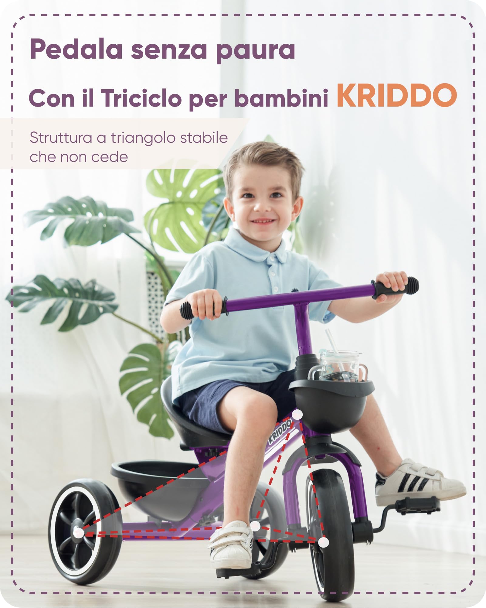KRIDDO Triciclo per Bambini dai 24 mesi ai 5 anni, Tricicli per bambini da 2,5 a 5 anni, Triciclo Evolutivo da 2 a 4 anni, con Cestello Portaoggetti, Ideale da regalare, Viola