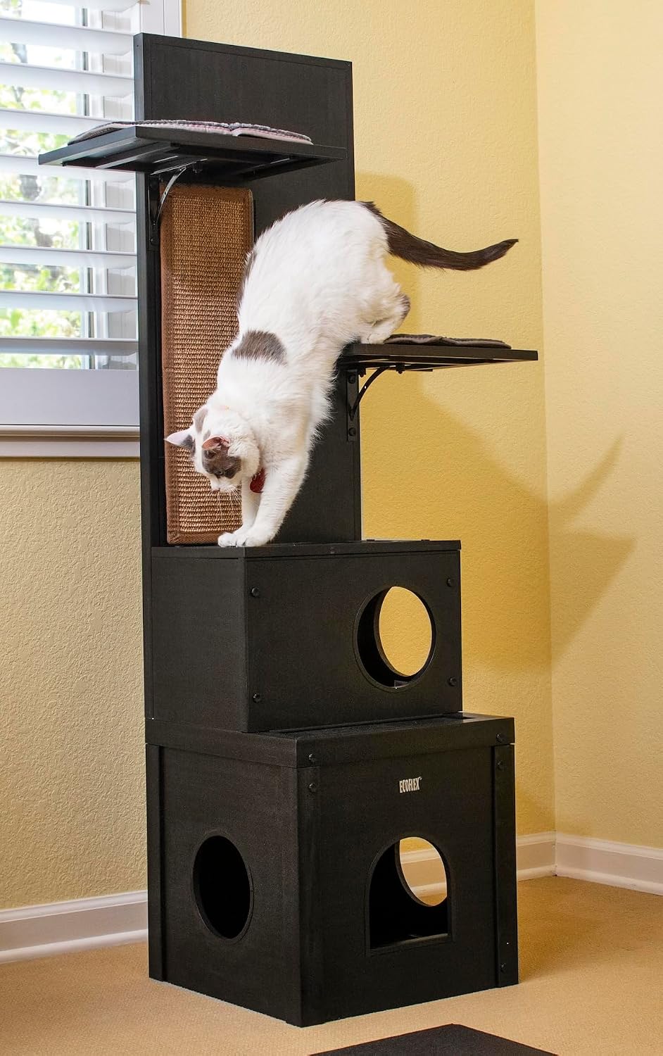 New Age Pet ECOFLEX Kitty Climber Cat Tree with 2 Cubes, 2 Shelves, Sisal Scratch Pad, 60" Tall, Moisture and Odor Resistant Indoor Cat Furniture, Espresso Black
