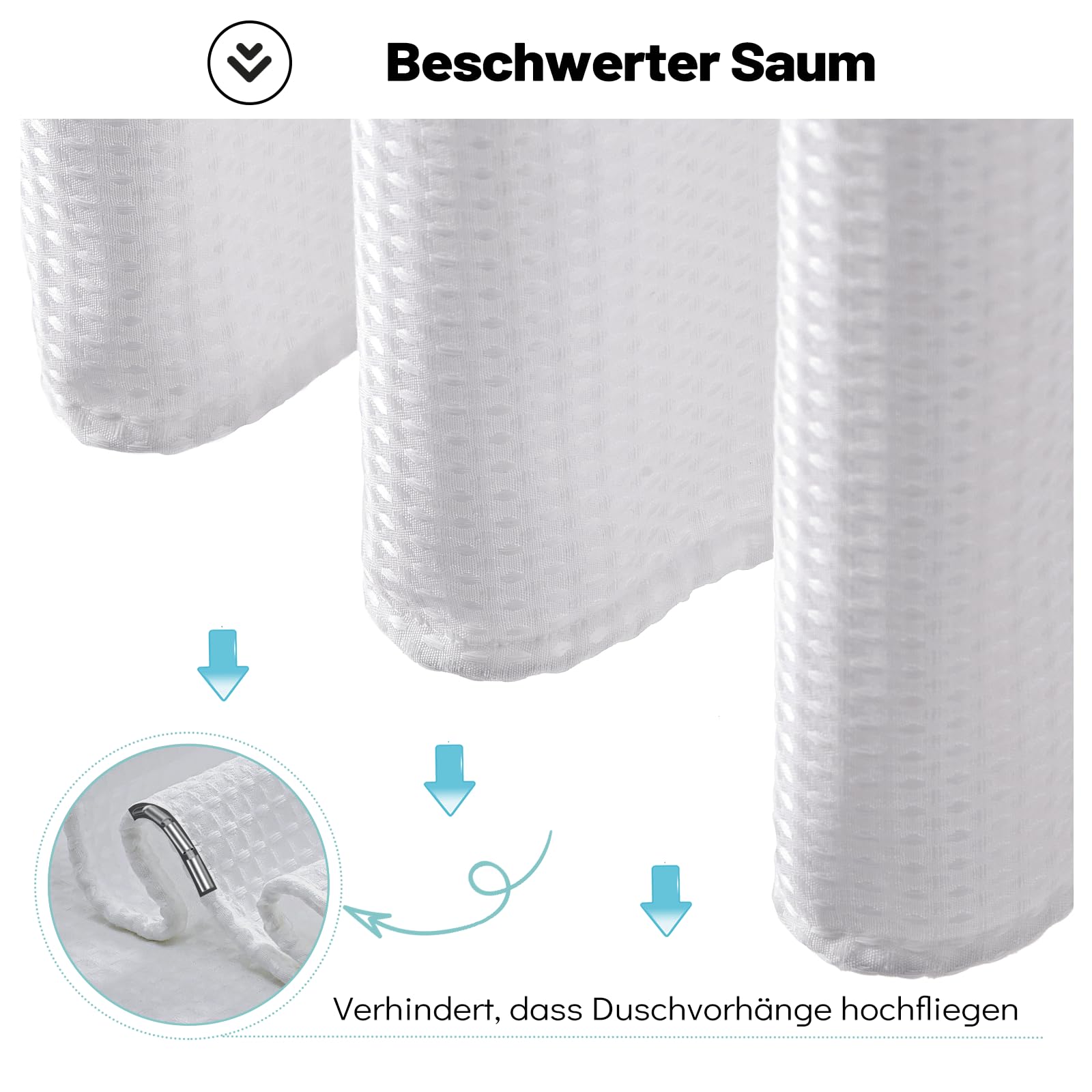 BTTN Tenda Doccia a Nido d'Ape Bianca 180x200 cm, Tessuto Antimuffa Impermeabile Extra Resistente con 12 Ganci, Lusso Moderno Lavabile con Orlo Ponderato in Poliestere Decorativo per Bagno