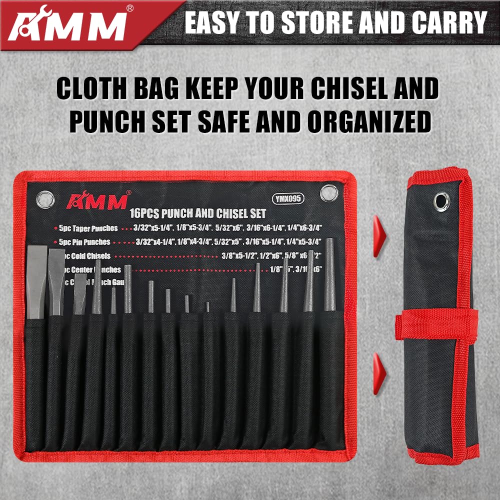 AMM Juego de 16 perforadores y cinceles, incluyendo punzón cónico, cinceles fríos, punzón de pin y perforador central, Cr-V, ideal para trabajar con madera, metal, automoción