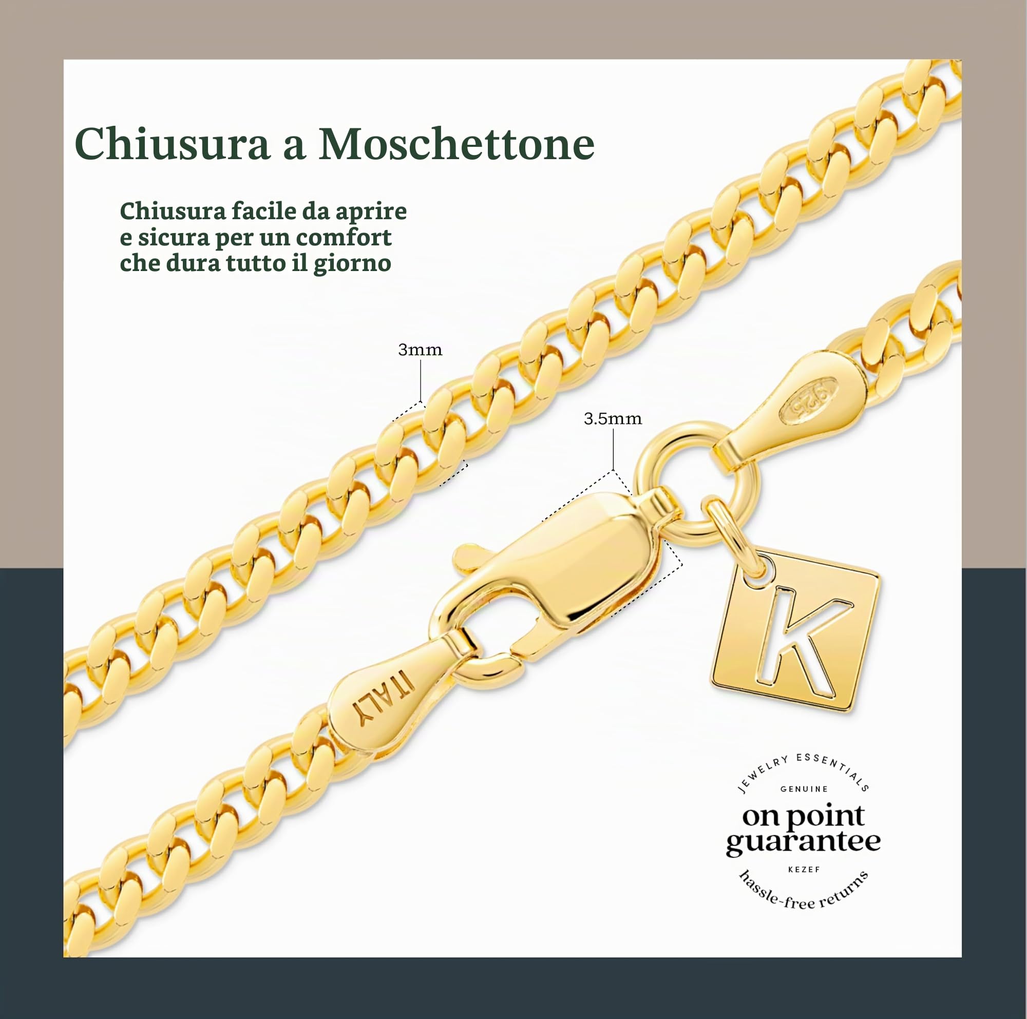 KEZEF Creations - Collana a maglia cubana placcata oro, 3 mm, Italia