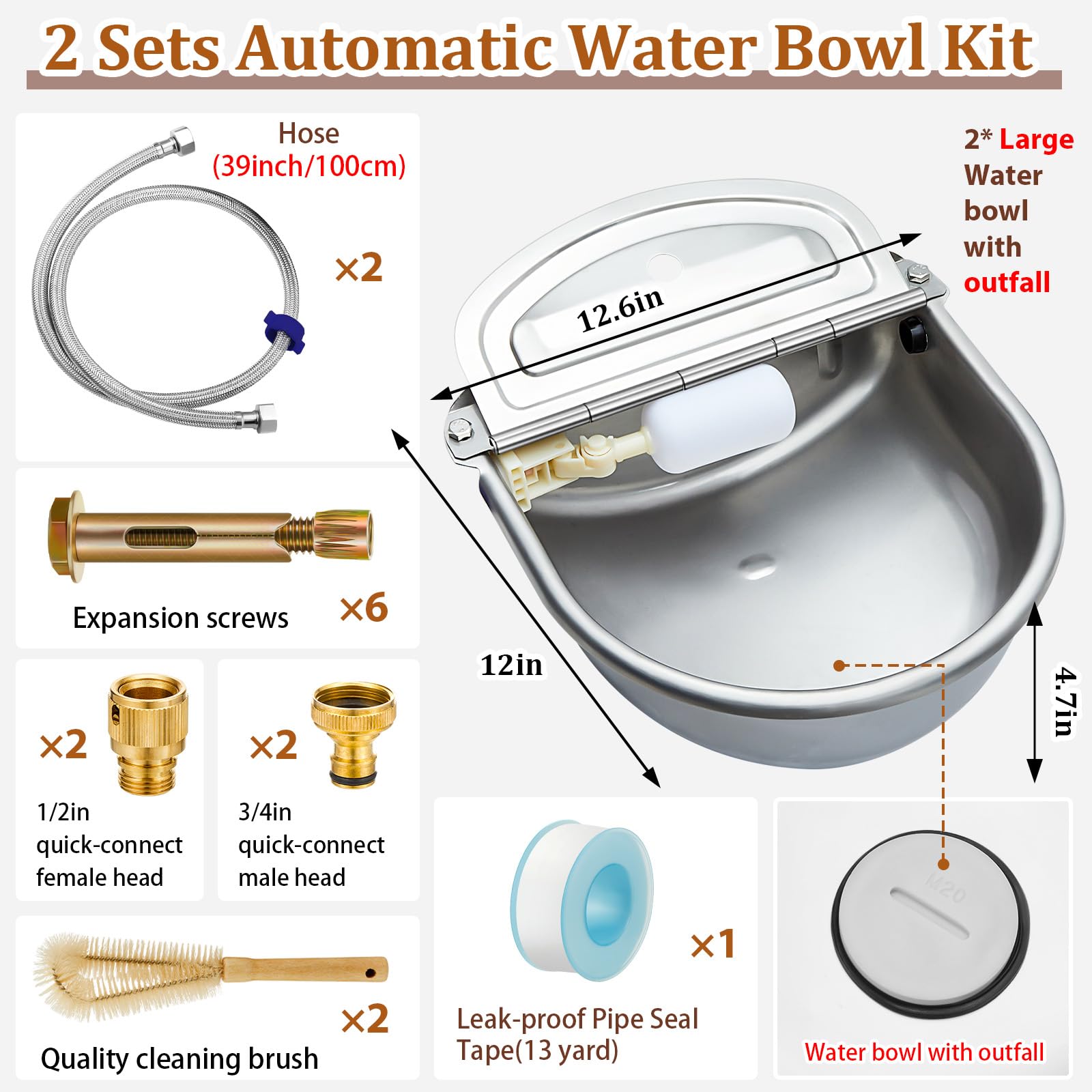 Tessco 2 set di abbeveratoi automatici extra large per cavalli, in acciaio inox, distributore automatico di acqua per cani, ciotola per acqua automatica per bestiame animali da fattoria con adattatore