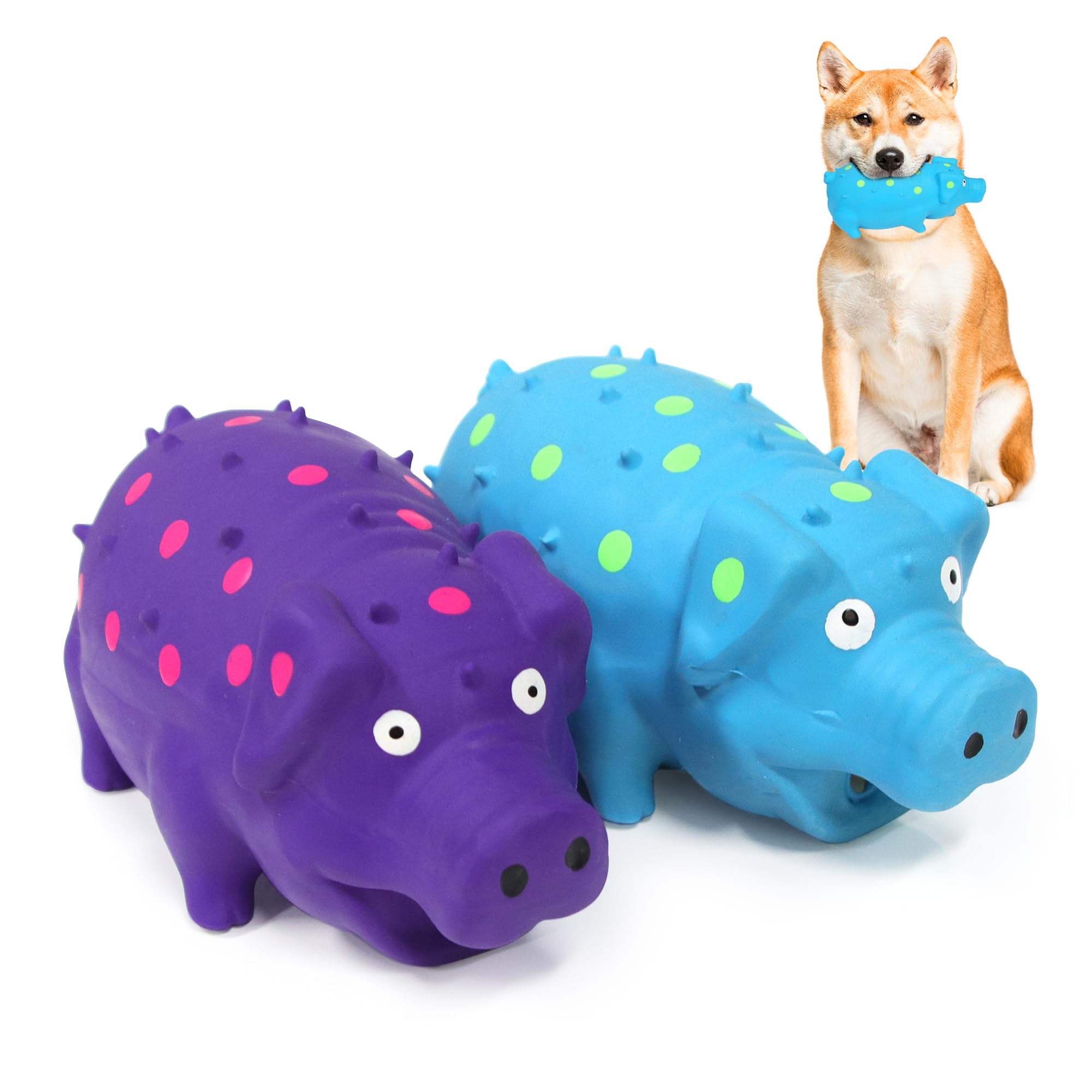 Quietschendes Schwein-Hundespielzeug, interaktives, langlebiges Latex-Gummi, Kauspielzeug für mittelgroße und große Hunde, 2 Stück (blau + lila)