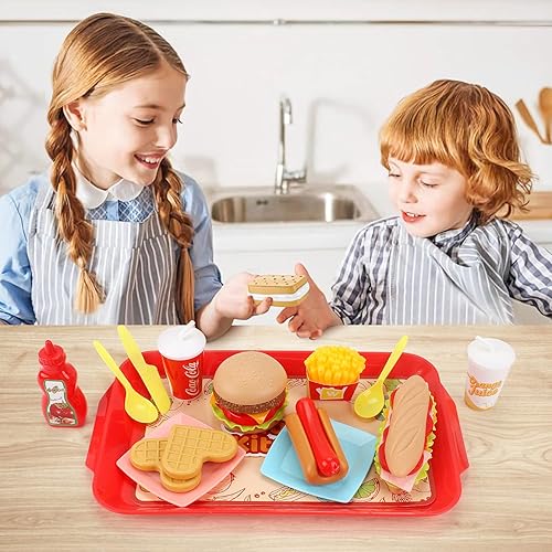 Miniatura 3 de Juego de comida de juego de simulación para niños, juego de comida rápida extraíble con bandeja, combo de hamburguesas, papas fritas, accesorios