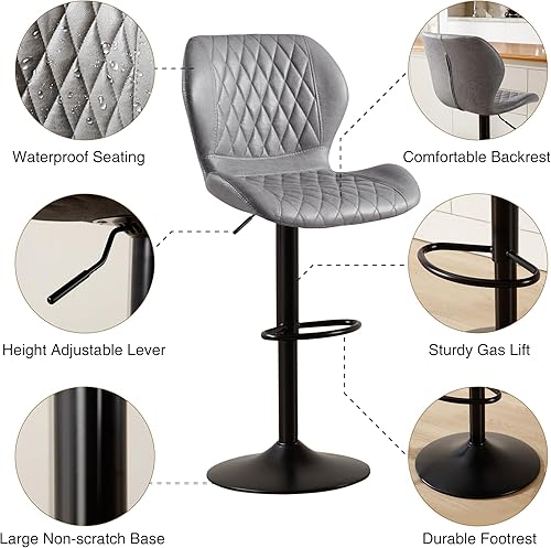 Miniatura 6 de Juego de 2 taburetes de bar, taburetes de bar ajustables con respaldo, modernos taburetes de barra giratorios de tela para sillas de isla de cocina,