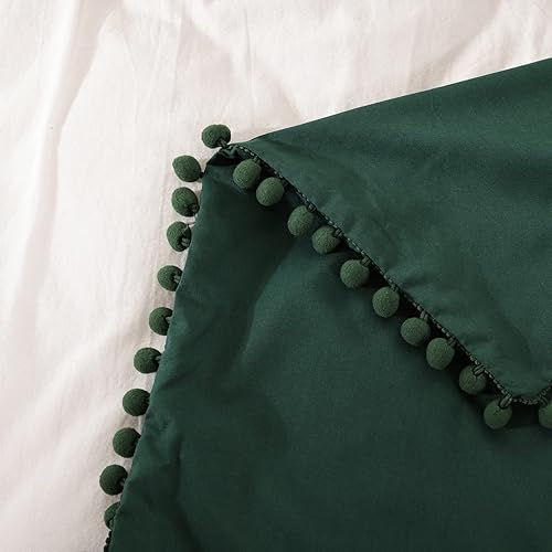 Miniatura 6 de Smoofy Juego de edredón con flecos, tamaño Queen, color verde esmeralda, bohemio, elegante, bonito juego de ropa de cama con pompones, suave,