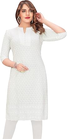 ladyline Rayon Chikhan Embroidered Kurti for Womens Tunic Top Indian Kurta Sweet Heart Neck