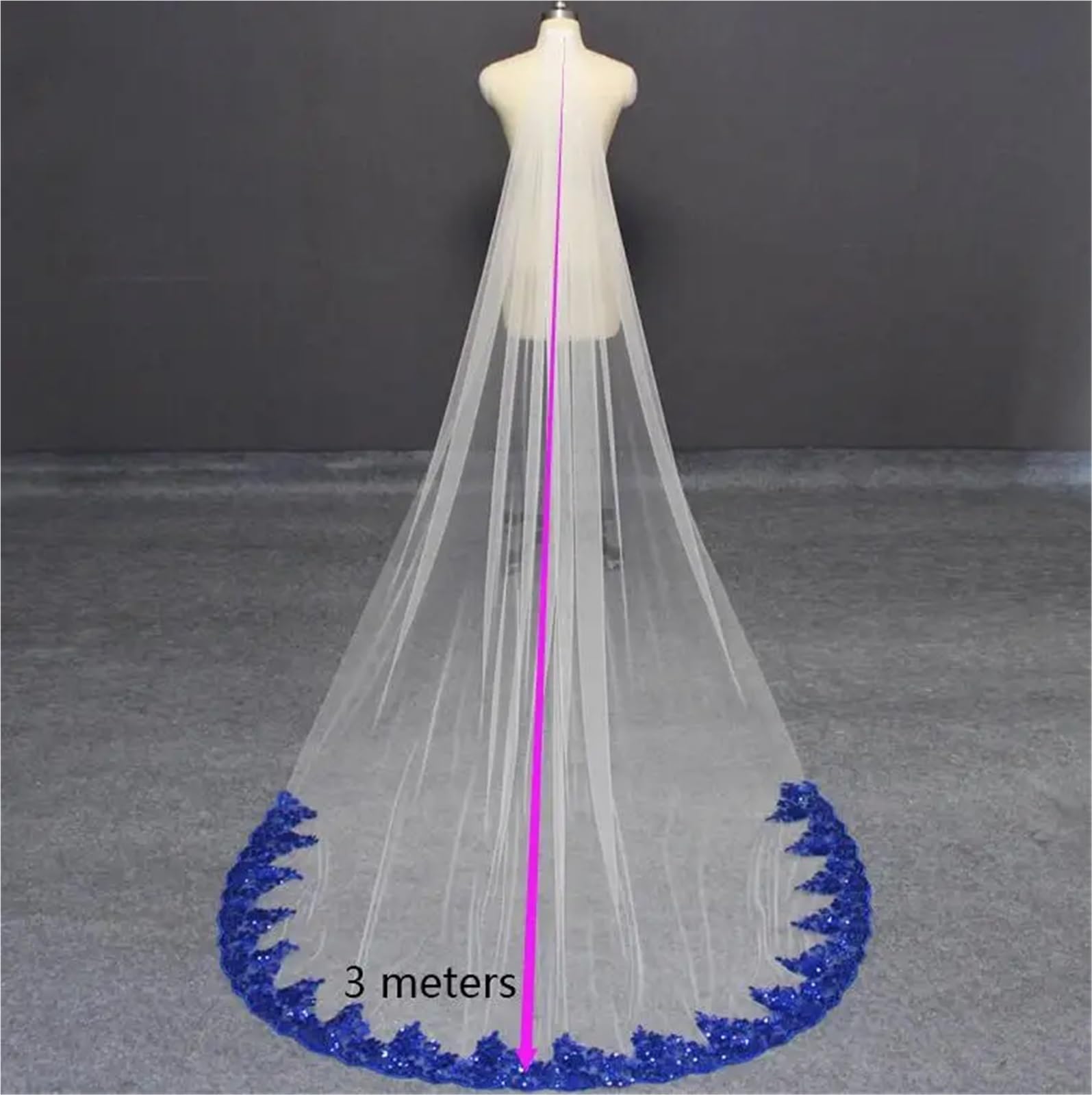 Voile MariéE Voile de mariée Long en Tulle doux blanc dentelle bleue, voile 3 mètres avec pailletée