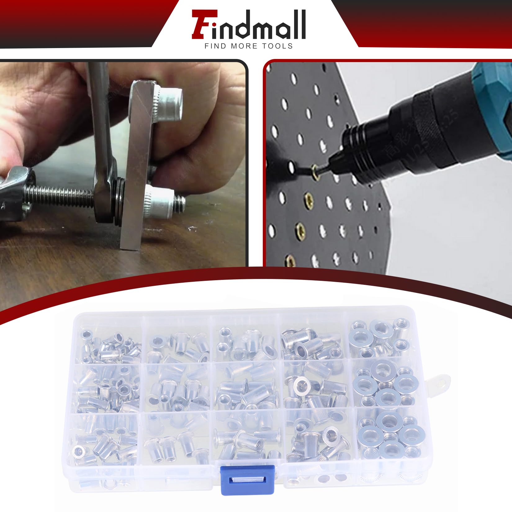 Kit de 150 Tuercas remachables SAE (6-32, 8-32, 10-24, 10-32, 1/4-20) de Aluminio, con Cabeza Plana y Rosca. Surtido de Tuercas remachables.