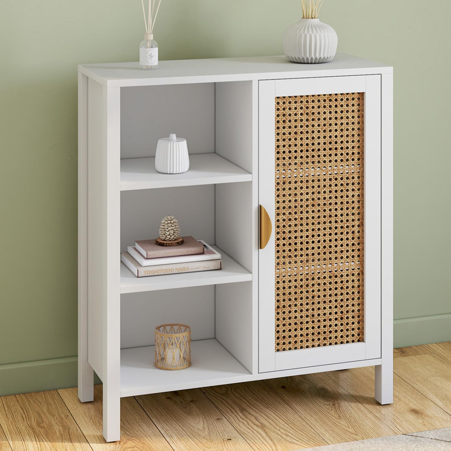 IDMarket - Buffet auxiliar con 3 estantes y Armario 70 cm EDHEN Blanco con cannage