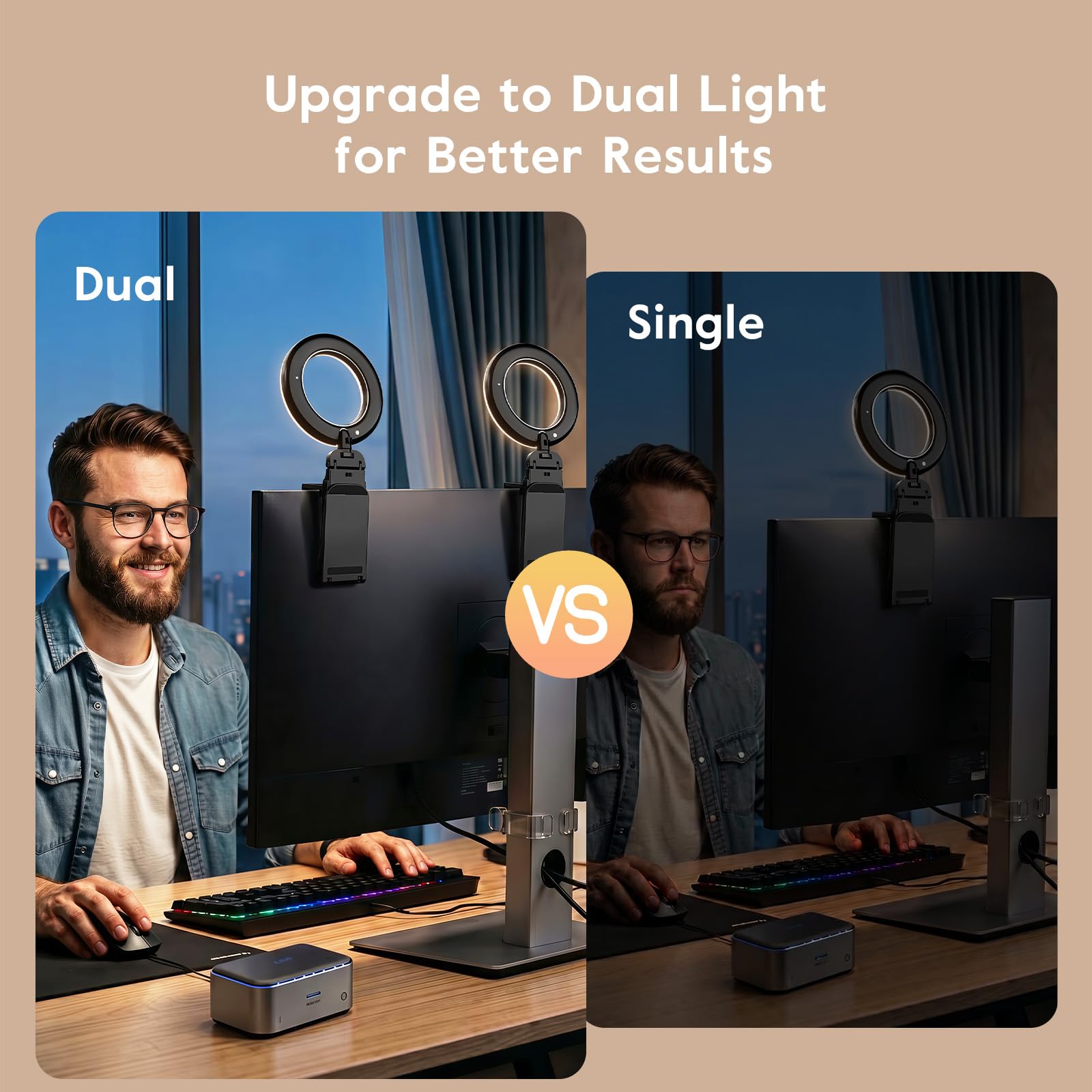 Evershop Luce ad anello per laptop, PC, videoconferenza, 2 pezzi, anello Light da 5", tavolo con treppiede e supporto per cellulare, 3 colori di luce, 10 livelli di luminosità, girevole a 360°
