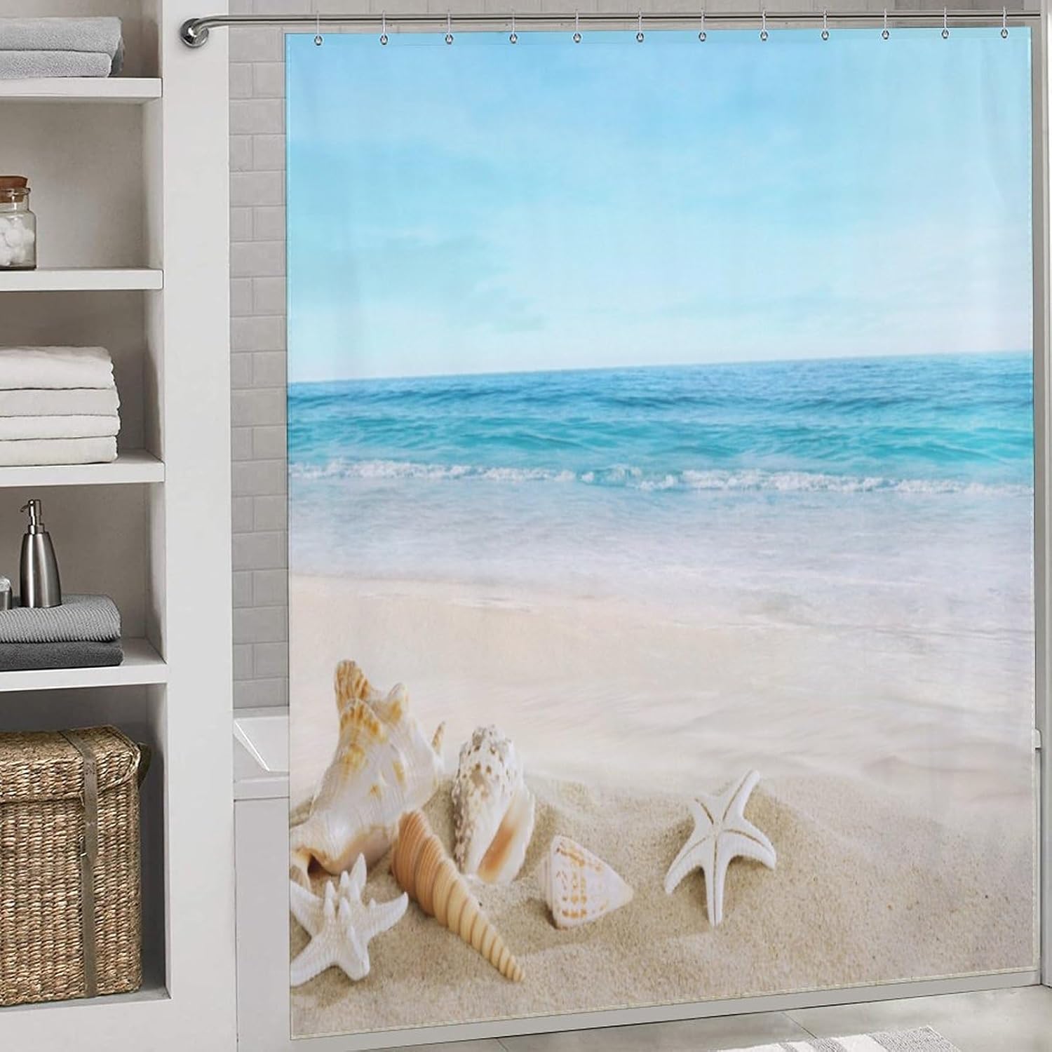 Ocean Shower Curtains,Hot Summer Beach Seaside Scenery Starfish Shells Nautical Sea Life Print for Bathroom Home Decor Set with 12 Pack Plastic Hooks 66x72Inch (168x183cm)