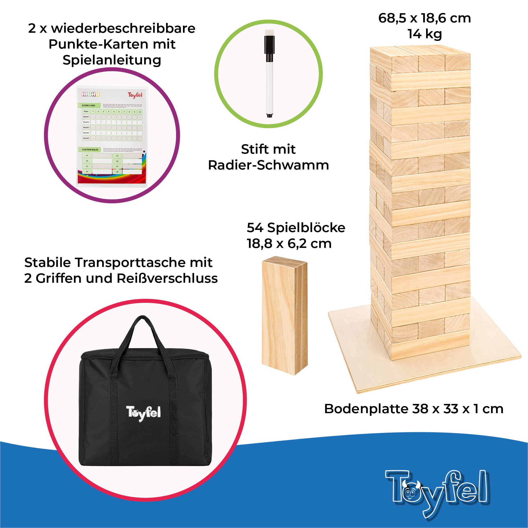 XXL Wackelturm Riesen Stapelturm Outdoor Spiel - Toyfel® Wackelturm Holz 0,7-1,2m hoch Bodenplatte, Tragetasche, Punktetafel Familienspiele Holz FSC® Gartenspiele Spiele für draußen Tip Tower