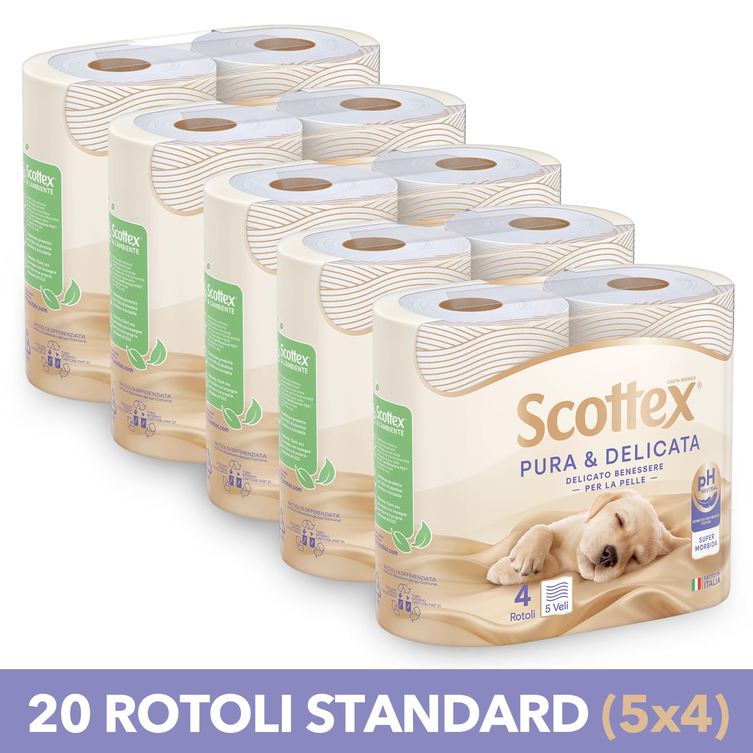 Scottex Carta Igienica Pura e Delicata, Morbida e Assorbente, 5 Veli, PH Neutro, Dermatologicamente Testata, 20 Pz
