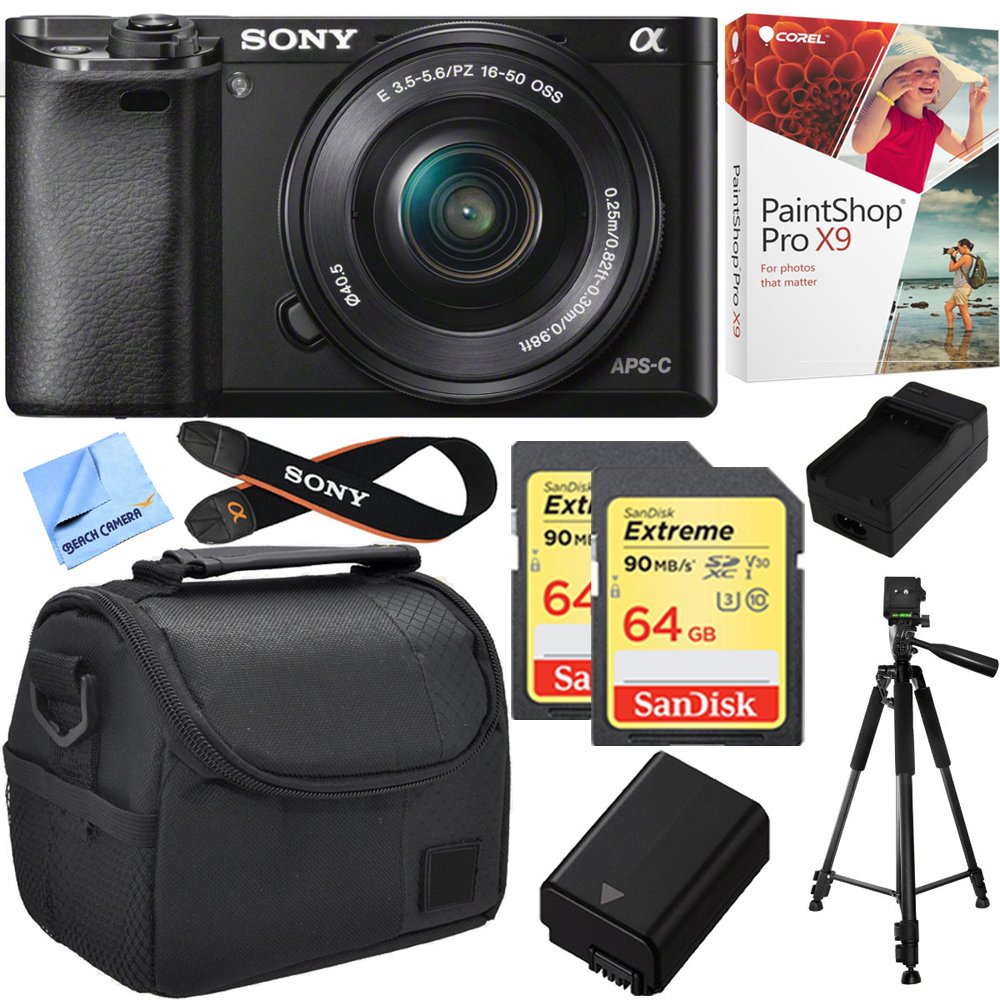 Sony Alpha a6000 24.3MP Mirrorless Camera w/ 16-50mm Bundle Includes Alpha a6000, 16-50mm Zoom Lens, Paint Shop Pro X9, Bag, 64GB SDXC Card x 2, Battery, Charger, Tripod and Beach Camera Cloth