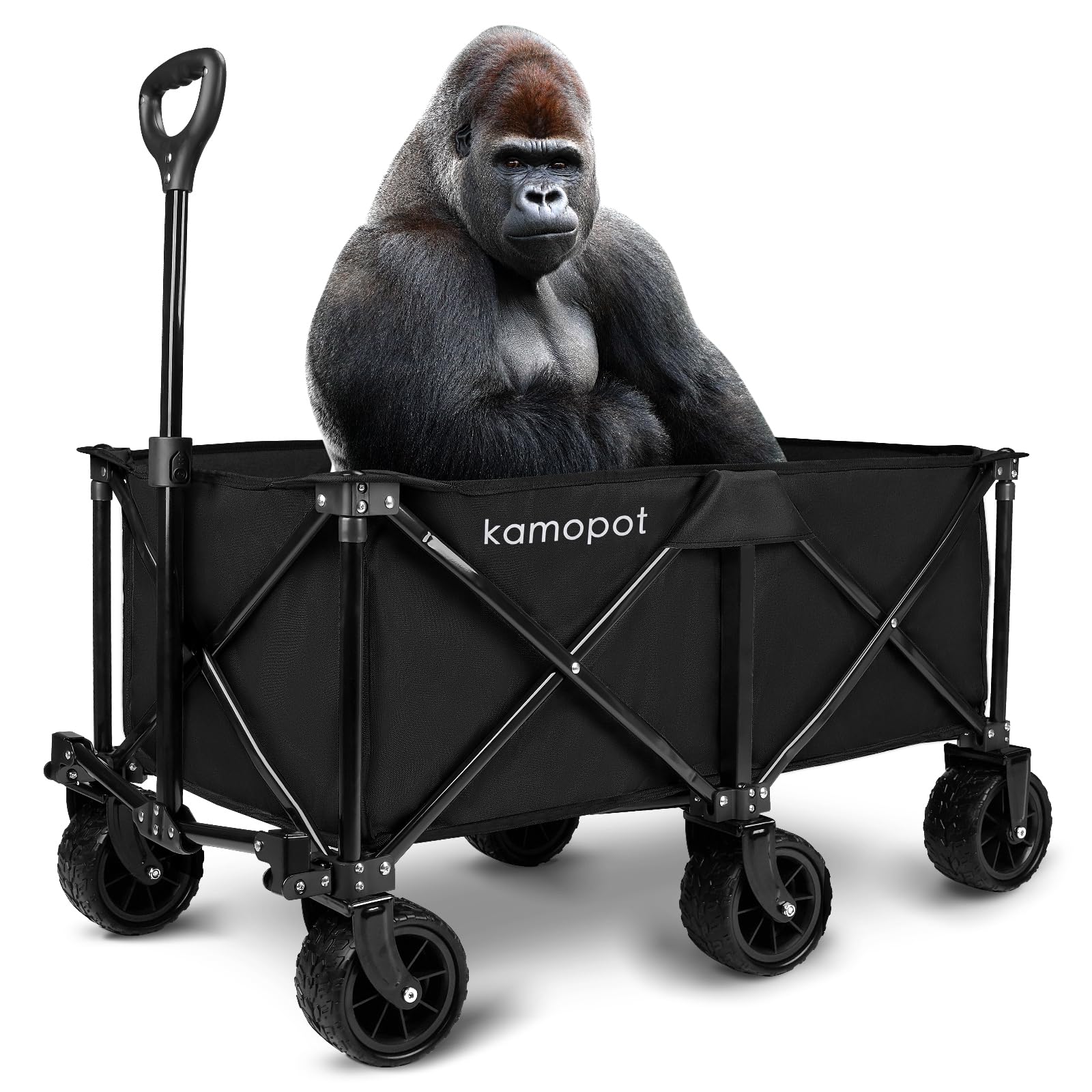 Kamopot 300lb Heavy Duty Foldable Wagon Cart 6-Wheels, All-Terrain Collapsible Utility Wagon for Sand, Uneven Ways. 125L Large Capacity w/DIY Wheels (Black)