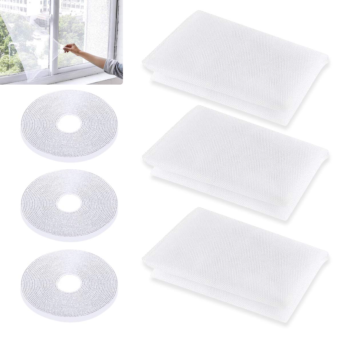 Vockvic Mosquito Net for Windows, 3 Pieces Practical Window Screen Mosquito Netting, 1.3m x 1.5m Insect Mesh Curtain Bug Bee Protector with 3 Rolls Self-Adhesive Tapes, Ideal for Windows