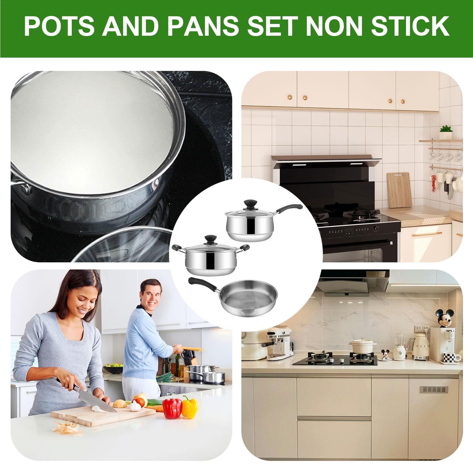 Set di utensili da cucina in acciaio , antiaderenti, 3 pezzi | pentole e padelle antiaderenti con coperchio