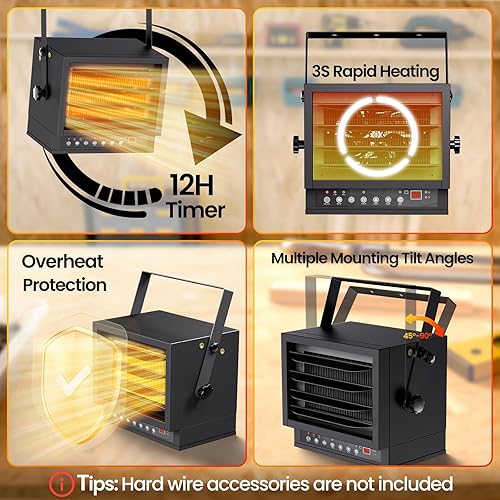 Miniatura 6 de Calentador eléctrico de garaje de 7500 W con control remoto, calentador de taller de montaje en techo, calentadores de garaje con modo ECO,