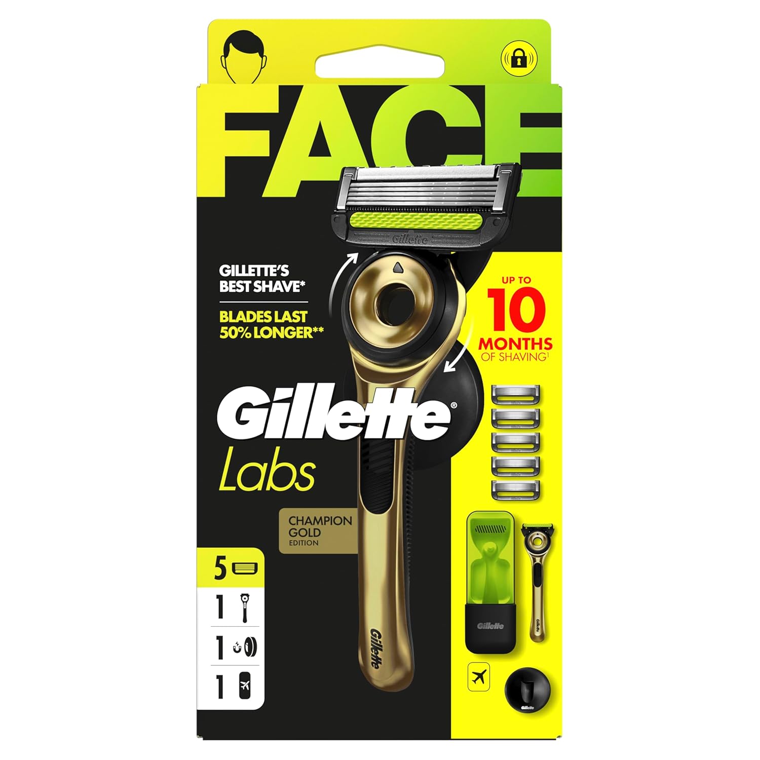 GilletteLabs With Scrub Bar, Razor For Men Champion Gold Edition, 1 Handle, 5 Blades, Includes Travel Case for Convenient On-the-Go Storage and Wall Hanger for Easy