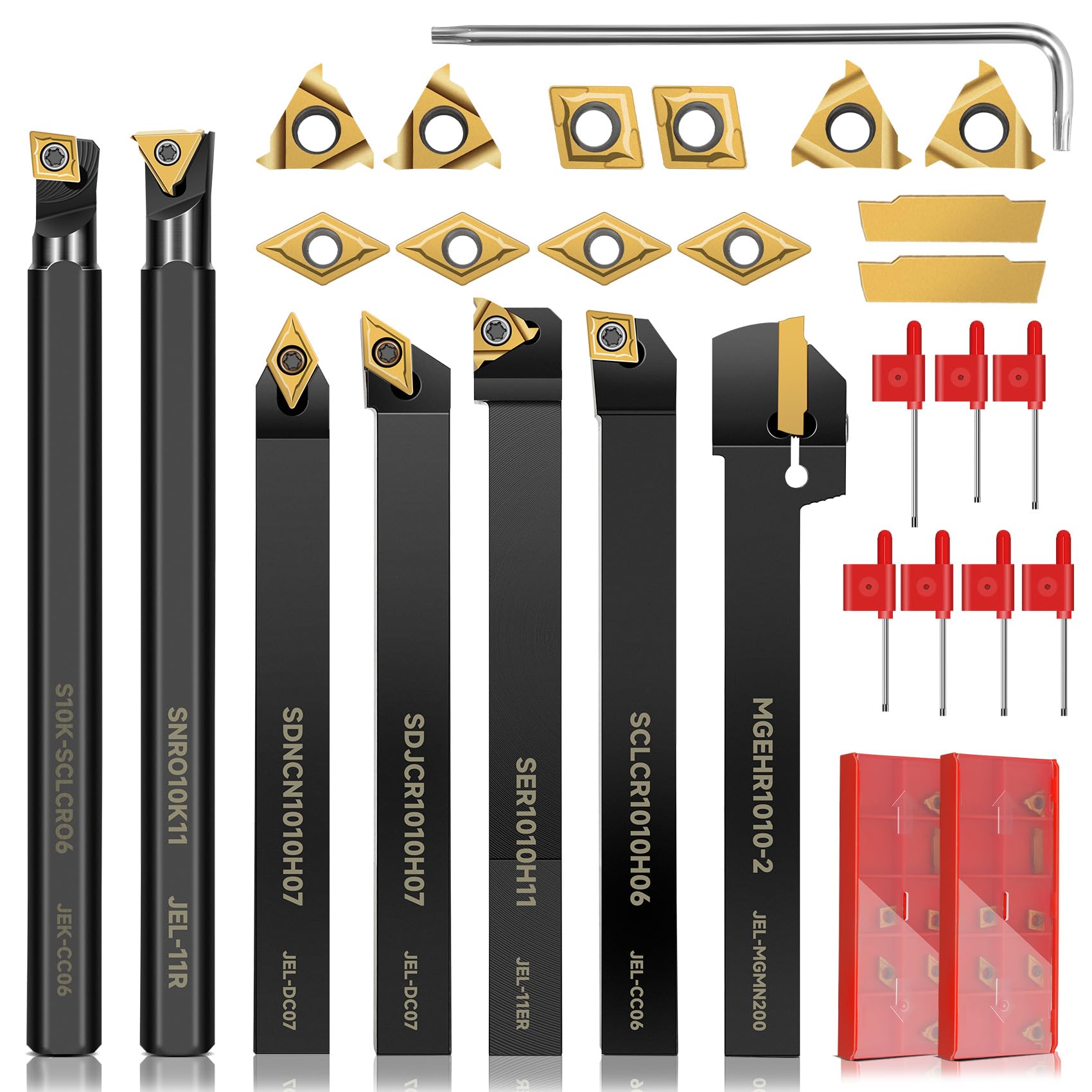Indexable Lathe Turning Tool 21Pcs Kit 3/8'' 10mm Shank 7Pcs Metal Lathe Tools Holder Set with 14Pcs Turning Inserts for Turning Grooving Threading Boring Carbide Inserts Carbide Turning Tool-picture-12