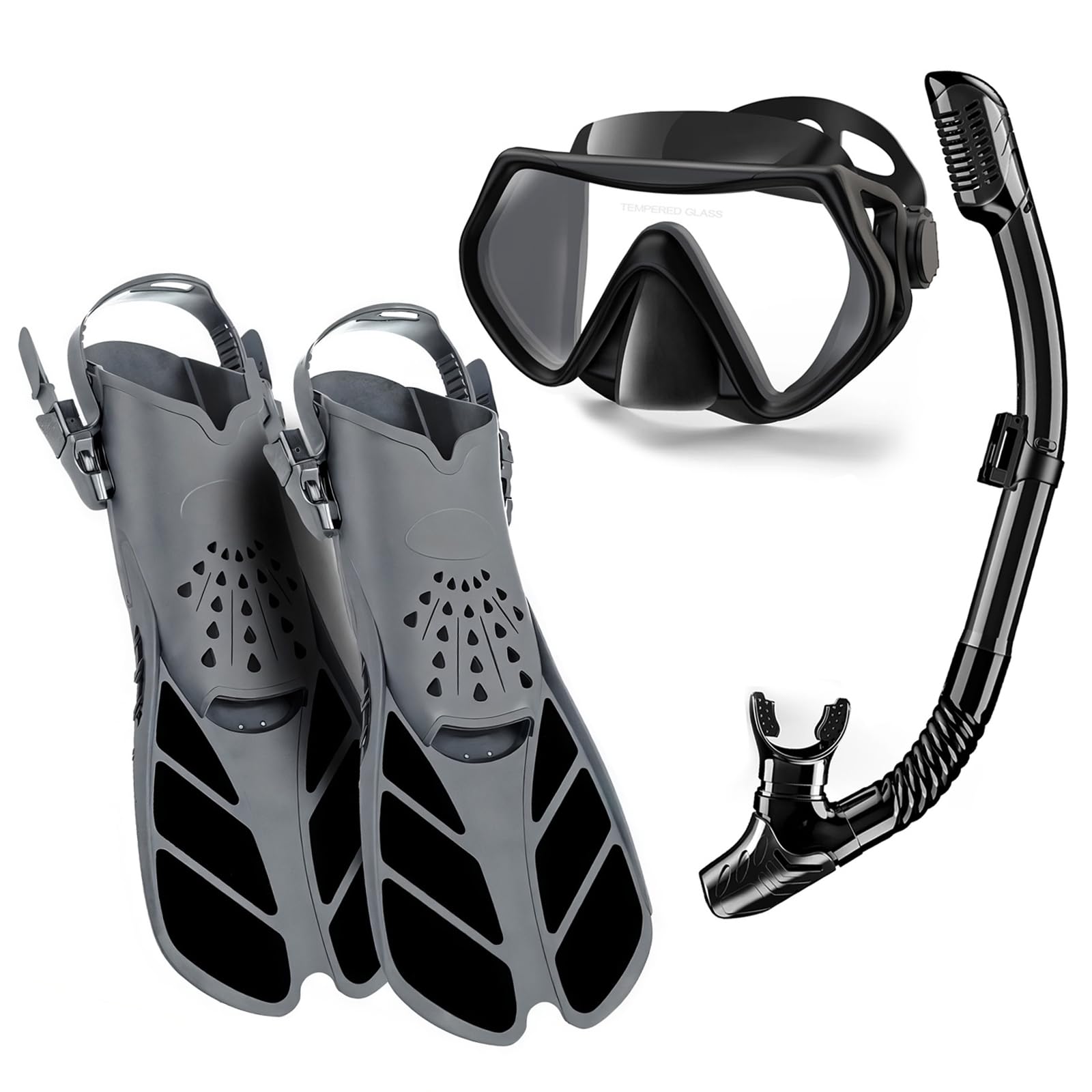 Ponicozy Mask Fin Snorkel Set - Panoramic View Mask, Dry Top Snorkel, Adjustable Swim Fins - Adult Snorkeling Gear for Swimming, Snorkeling, Diving