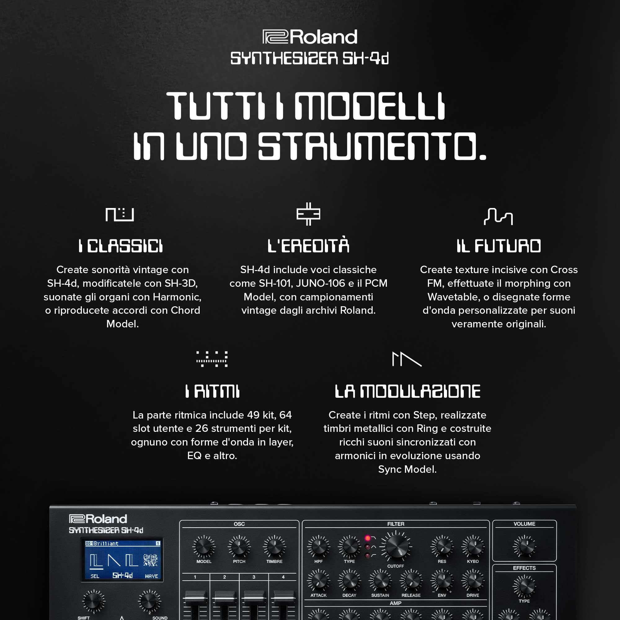 Roland SH-4d Sintetizzatore Desktop Compatto | 11 Modelli di OSC | Funzionalità professionali per il sound design | Perfetto per lo studio e il palco | Workflow con controlli diretti