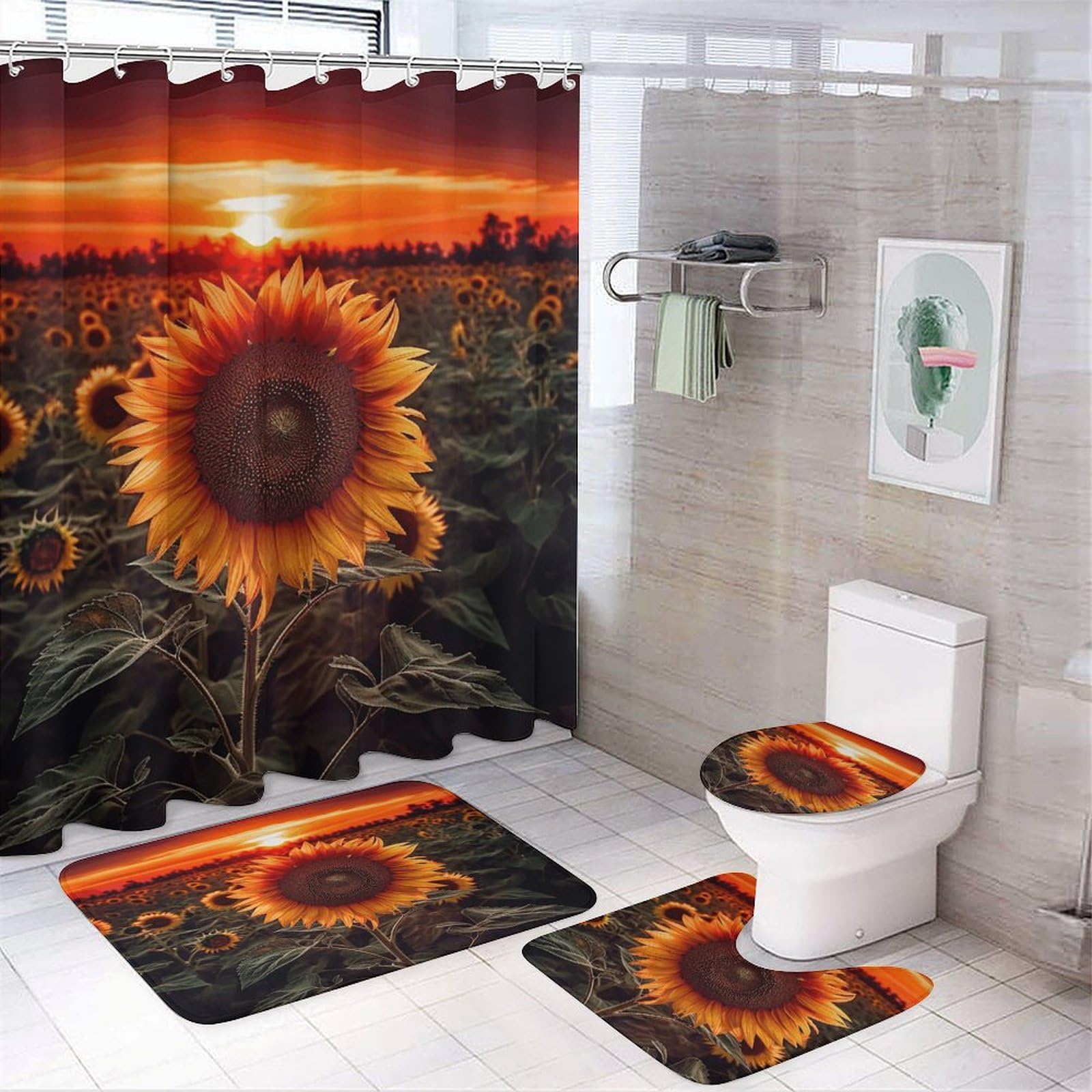 Ensemble de salle de bain tournesol avec rideau et tapis haute densité