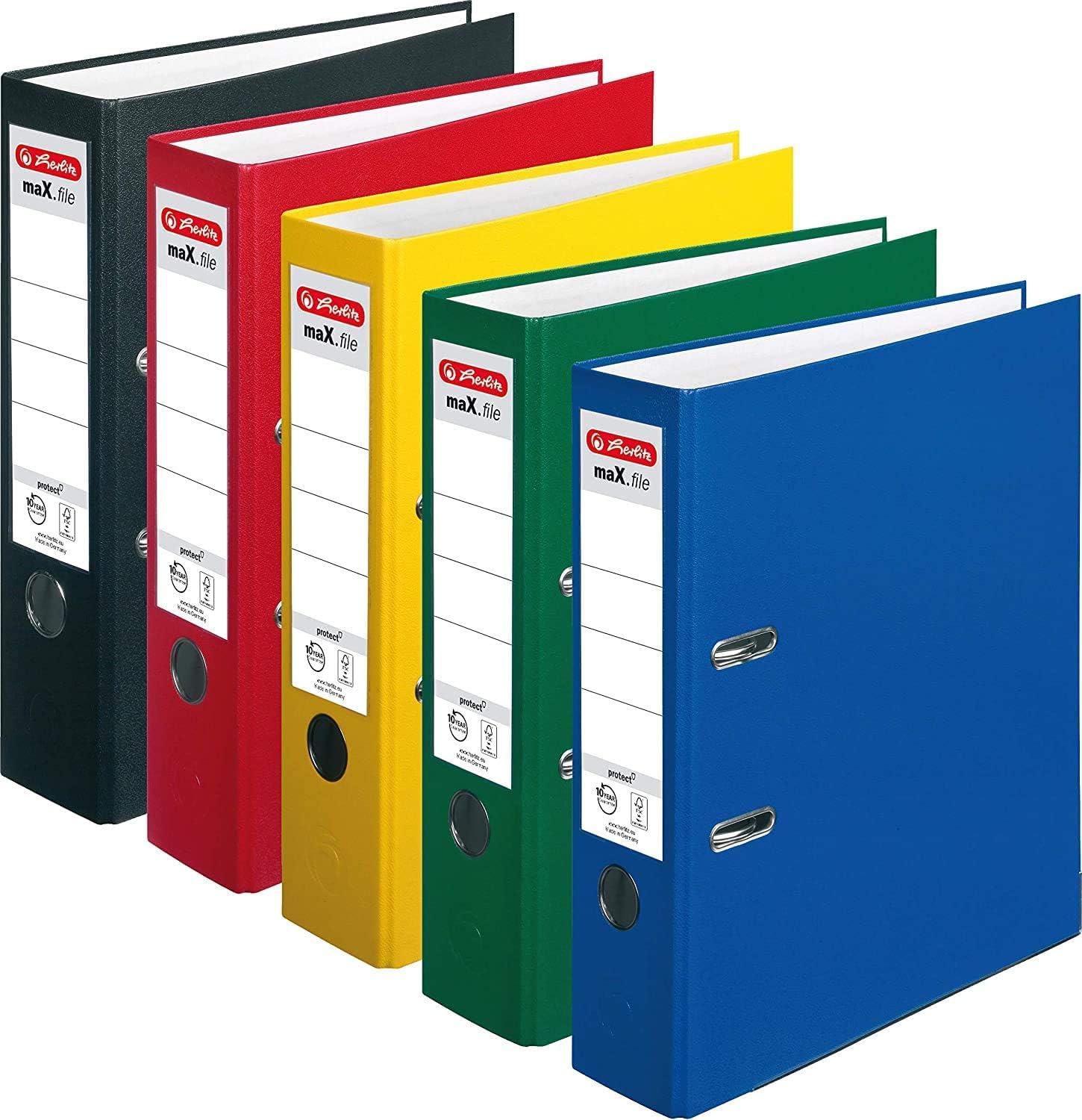 Herlitz Ordner maX.file protect A4 8cm PP-Kunststoffbezug/Papier hellgr.besch. [ Grundfarben ] 5 Farben | schwarz, rot, gelb, grün und blau (8cm Protect, Grundfarben, 10er Pack)