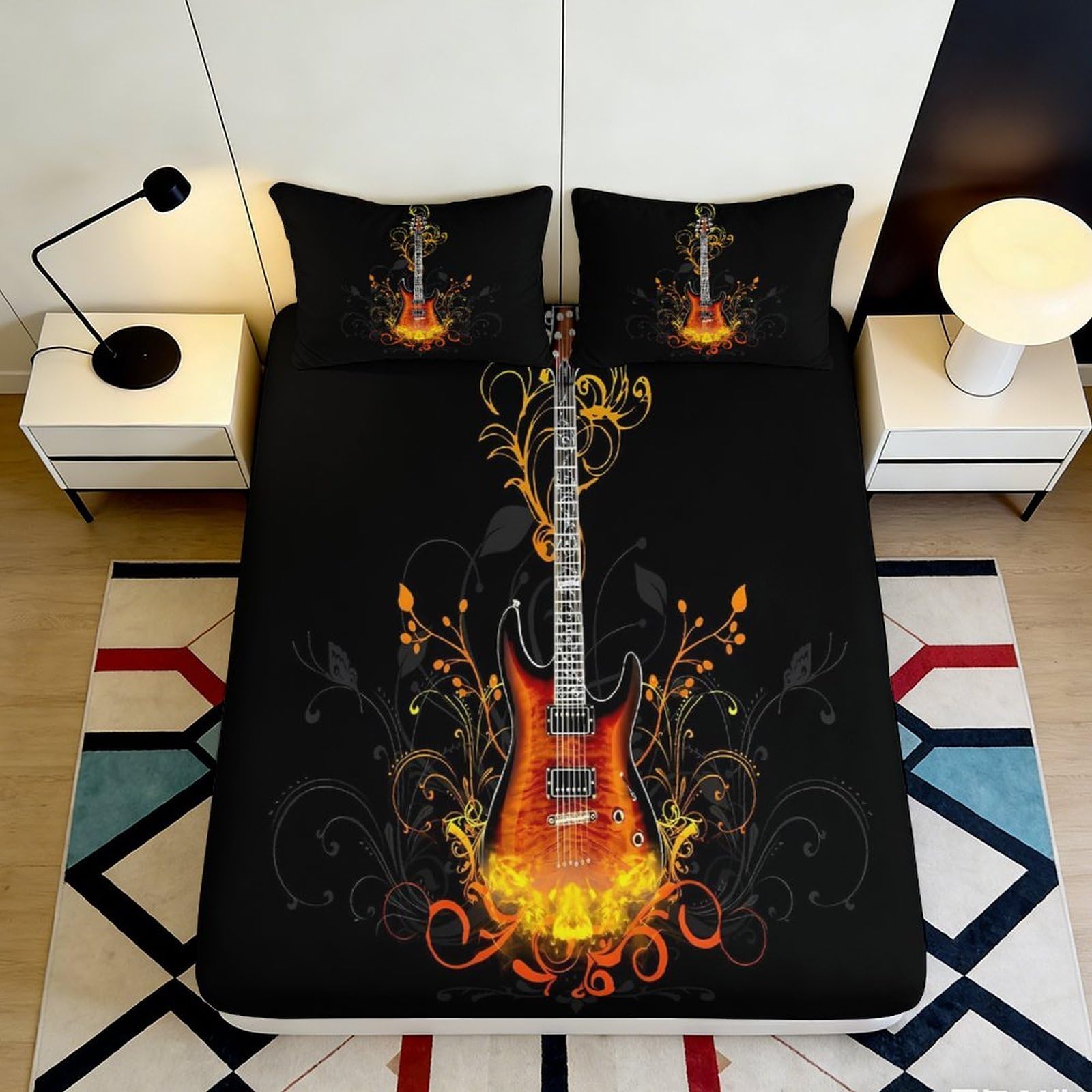 3D Printed Fiery Electric Guitar Fitted Sheet Microfiber Soft Breathable Artistic Bed Cover for Bedroom Dorm Decor Mattress Protection 90x200x25cm