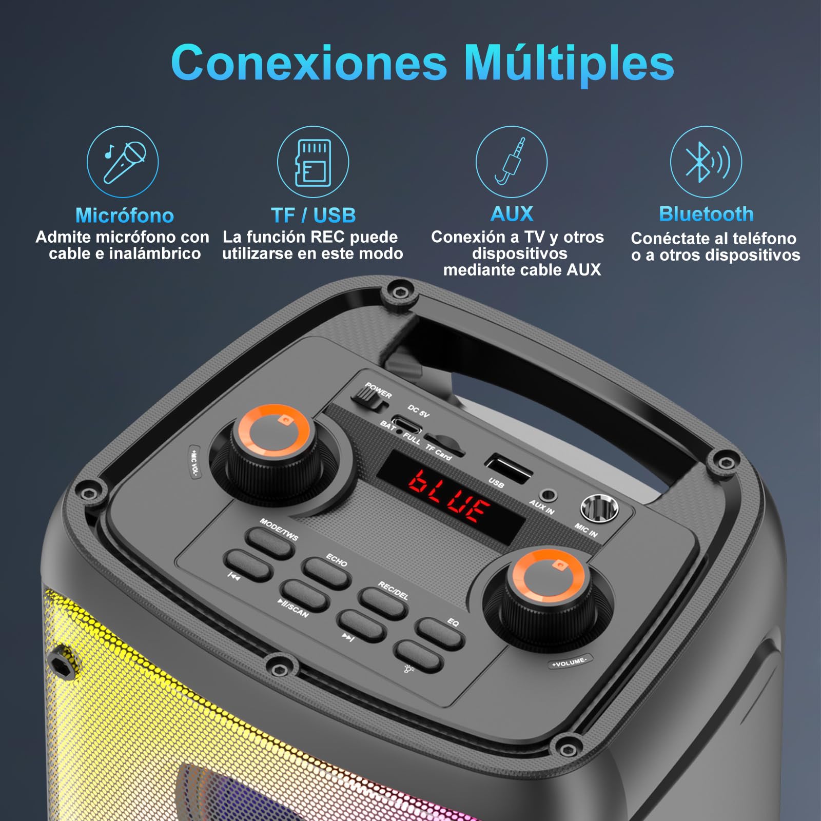 Altavoz Bluetooth, 80W Pico Inalámbrico TWS Altavoces Portátiles Fiestas Al Aire Libre con Subwoofer, Luces LED de Colores, Boombox Fuerte Sonido Estéreo con Micrófono Para el Hogar, Camping, Viajes