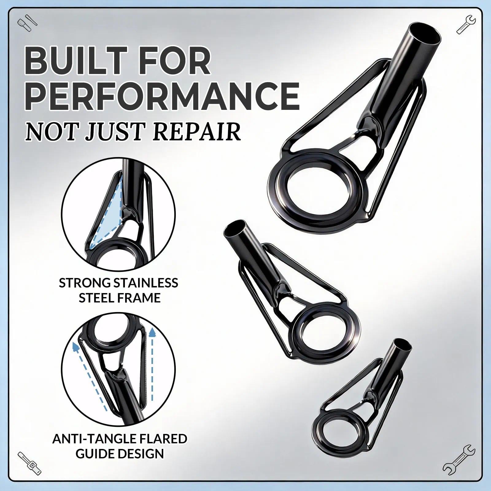 9KM DWLIFE Kit di riparazione per canna da pesca, in acciaio inox nero, con guida ad anello in ceramica, dimensioni miste, 65 pezzi in una scatola