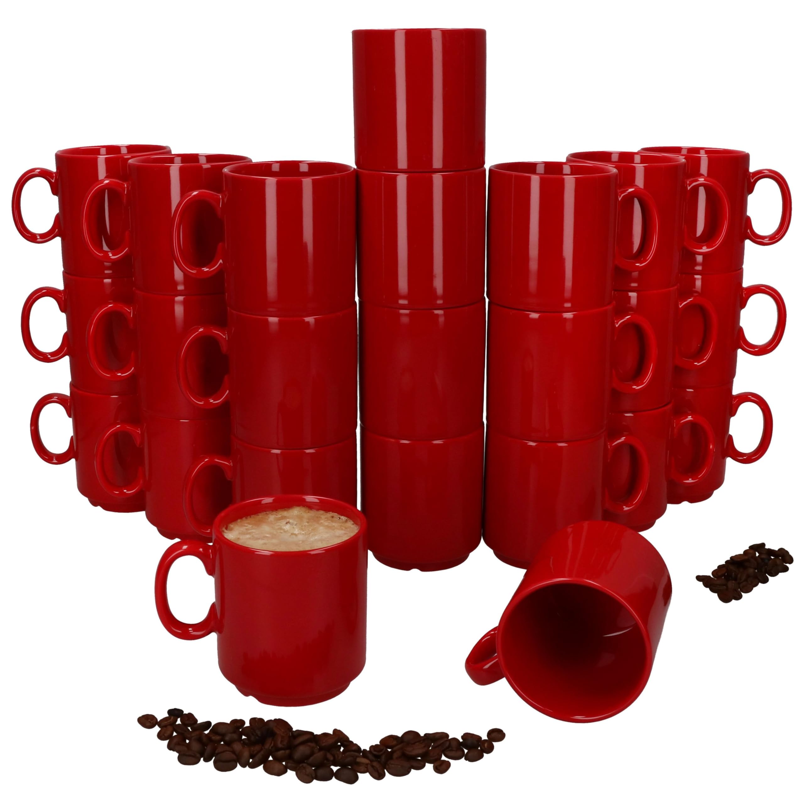 MamboCat Event 24er Set Kaffeebecher I 250 ml I rote Porzellan-Becher mit Henkel 24 Personen I stapelbare Tassen für Heißgetränke wie Tee, Kakao, Latte Macchiato & Co I schickes Kaffee-Geschirr
