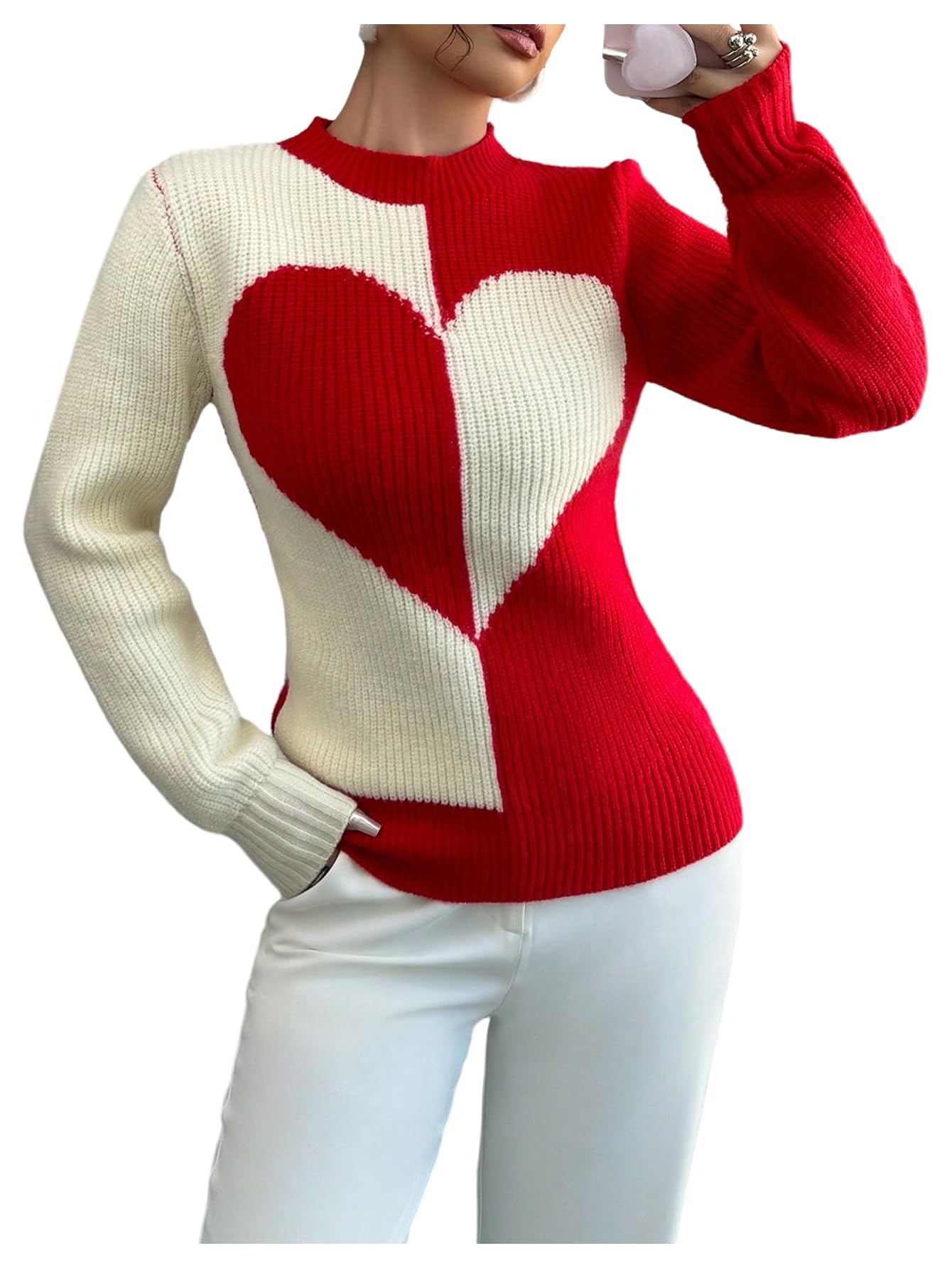 Womens Color Block Heart Graphic Sweater Crew Neck Pullover Sweaters Valentines Outfit