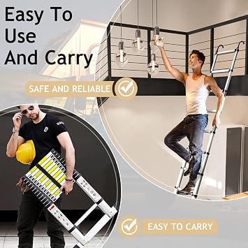 Extendable Telescopic Ladder 2.6M, Aluminium Telescoping Ladder with Detachable Hooks and Stabiliser Bar, Adjustable Height Portable Sturdy Loft Ladder Secure Climbing for Home