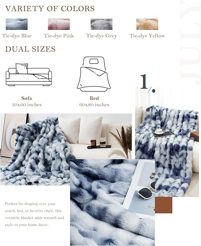 July Luxury Soft Faux Fur Throw Blanket for Couch, Cozy Bubble Fleece Blanket for Bedroom and Sofa, Reversible Plush Warm Fleece Fluffy Blanket for All Seasons, 50" x 60", Tie-dye Blue, TD-BE5060