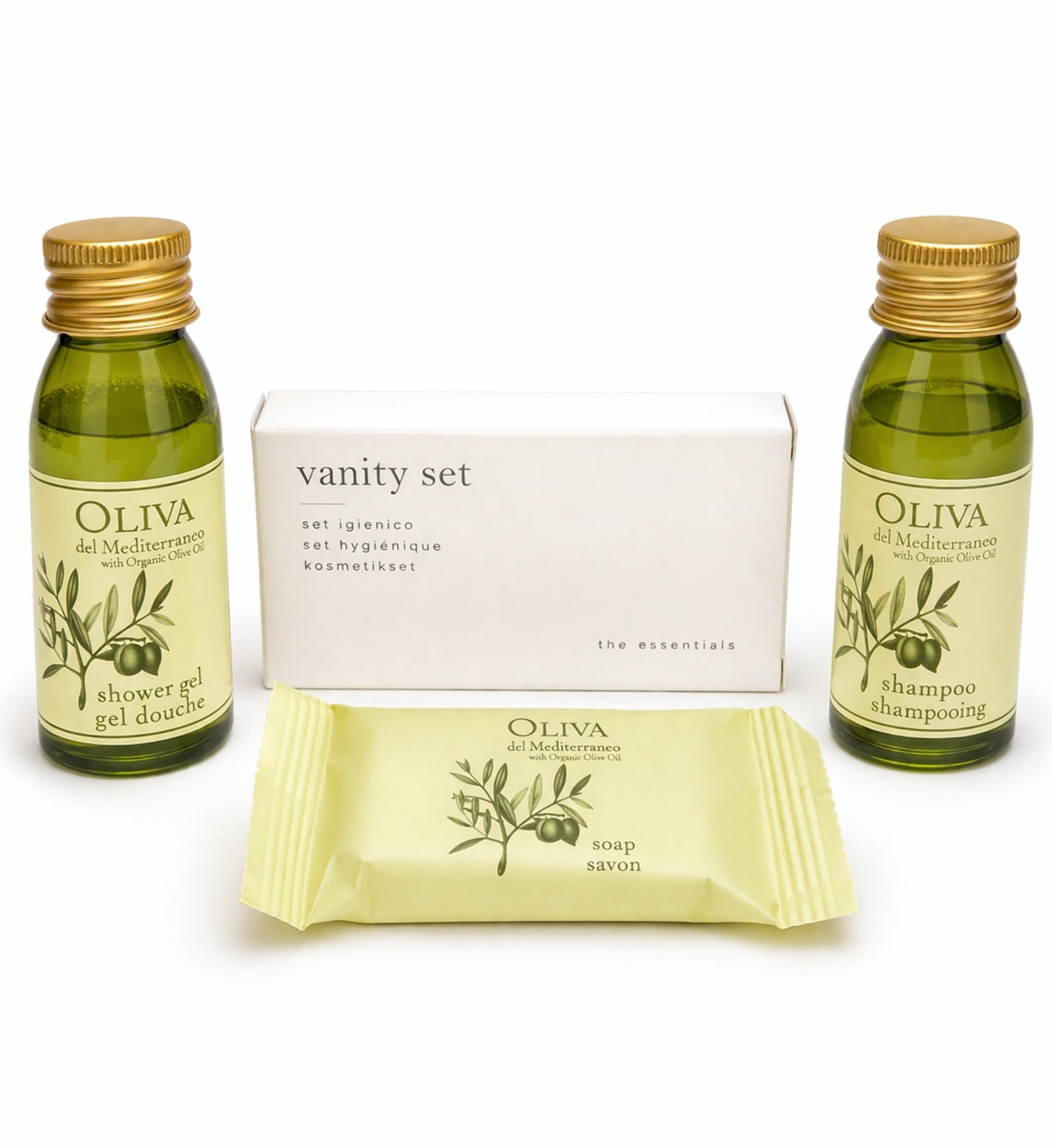 LINEA CORTESIA "OLIVA", n. 25 kit in organza già composti da: n. 25 Shower Gel 30ml., n. 25 Shampoo 30ml., n.25 Vanity Kit Astucciato, n.25 Saponette g.15! Totale 125 pezzi