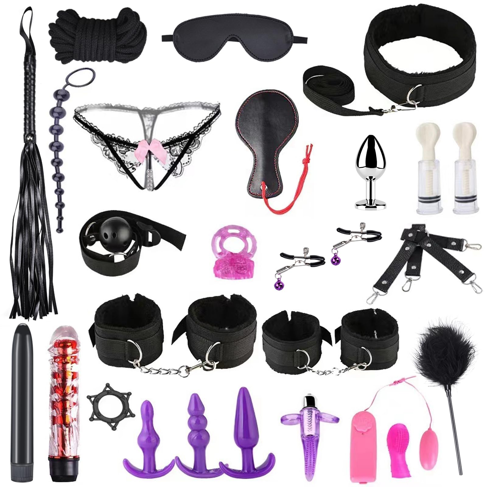 Qoosea 26 Piezas SM Bondage Kit, BDSM Restraints Kits Erótico Set Juguetes Sexuales Plug Anal Butt Plug Set para Parejas Bondage Set Esposas para Principiantes y Experimentados