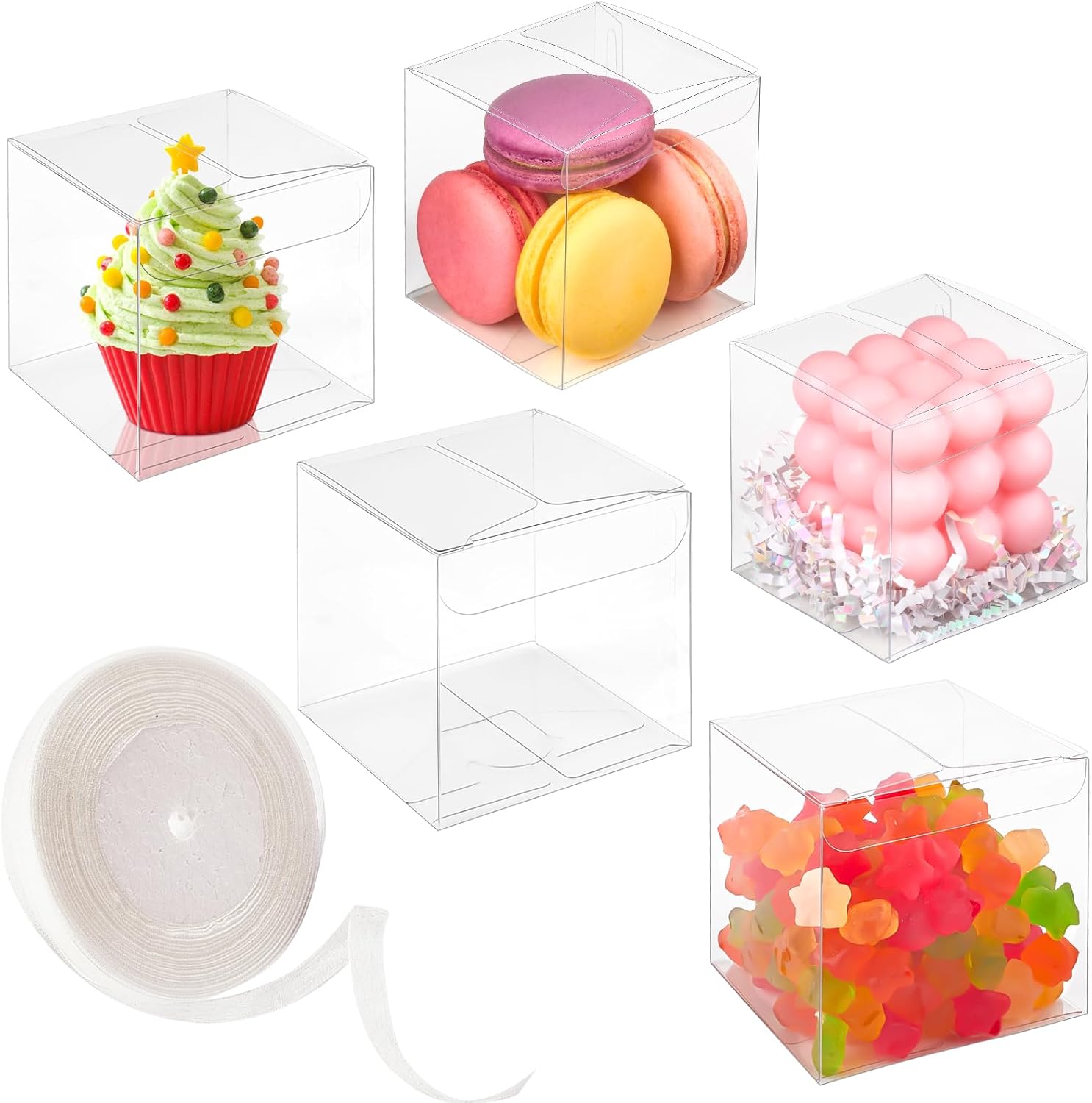 Jutieuo 45 Pack 3x3x3 Inches Clear Favor Boxes with Ribbons, Transparent Plastic Cube Treat Boxes for Candy Goodie Gift, Small Individual Hot Cocoa Bomb Packaging Box