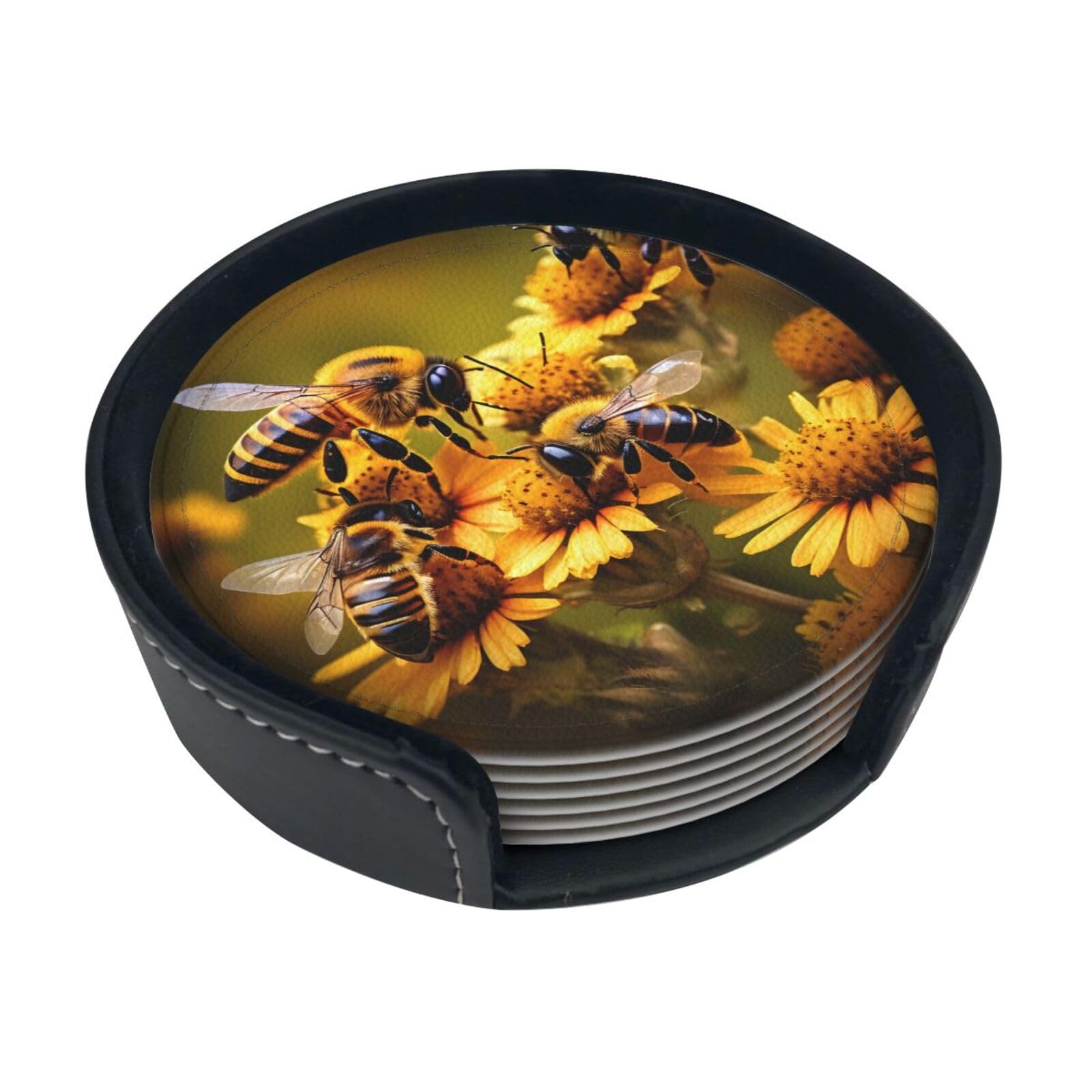 Rural Honey Bees Flowers Print Round Coasters Set Of 6,Coaster For Tabletop Protection Home Bar Decor