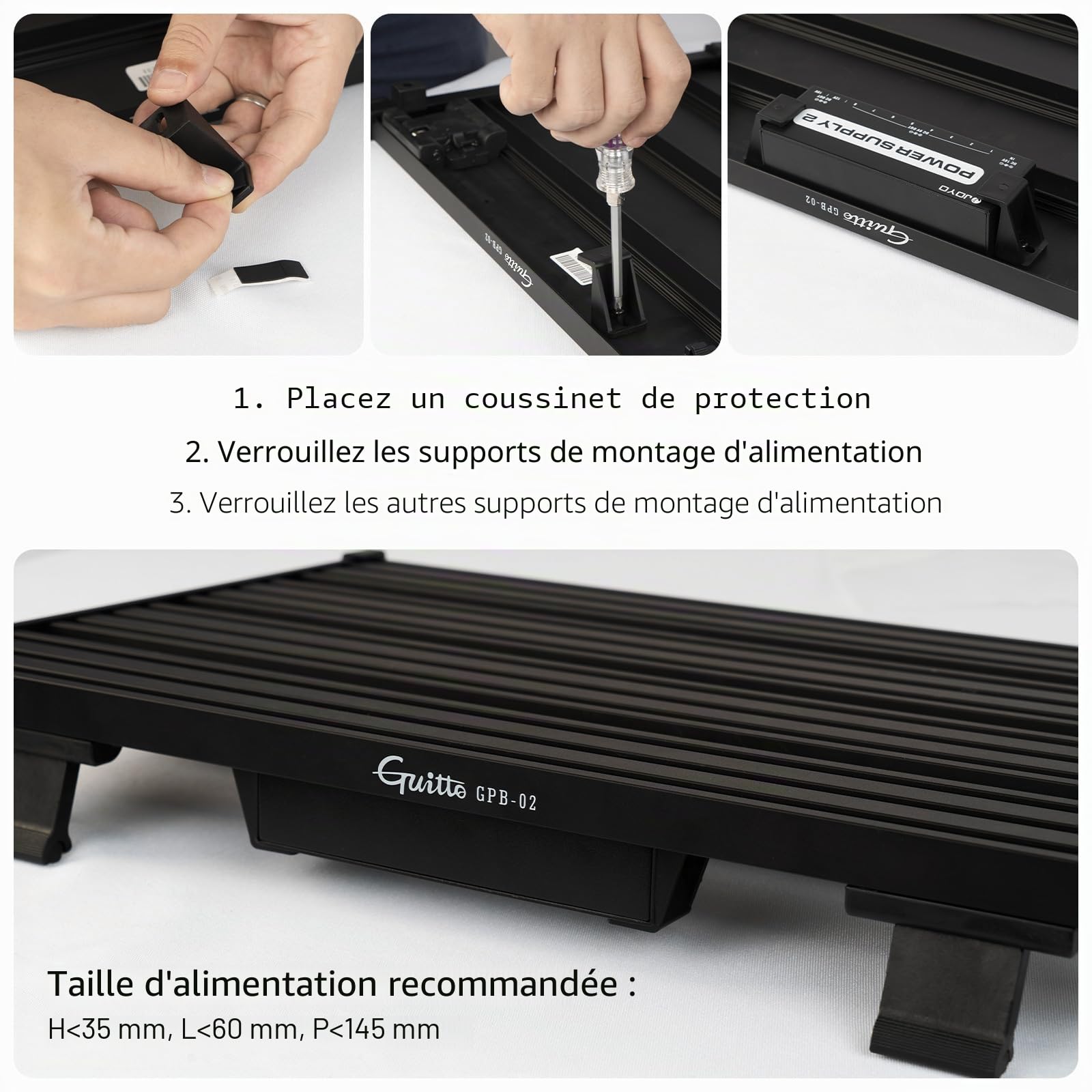 GUITTO Pedalboard pour Guitare en Alliage d'Aluminium – Support de Pédales d'Effets avec Système de Fixation par Clips et Sac de Transport – Idéal pour Concerts, Répétitions et Studio GPB-02