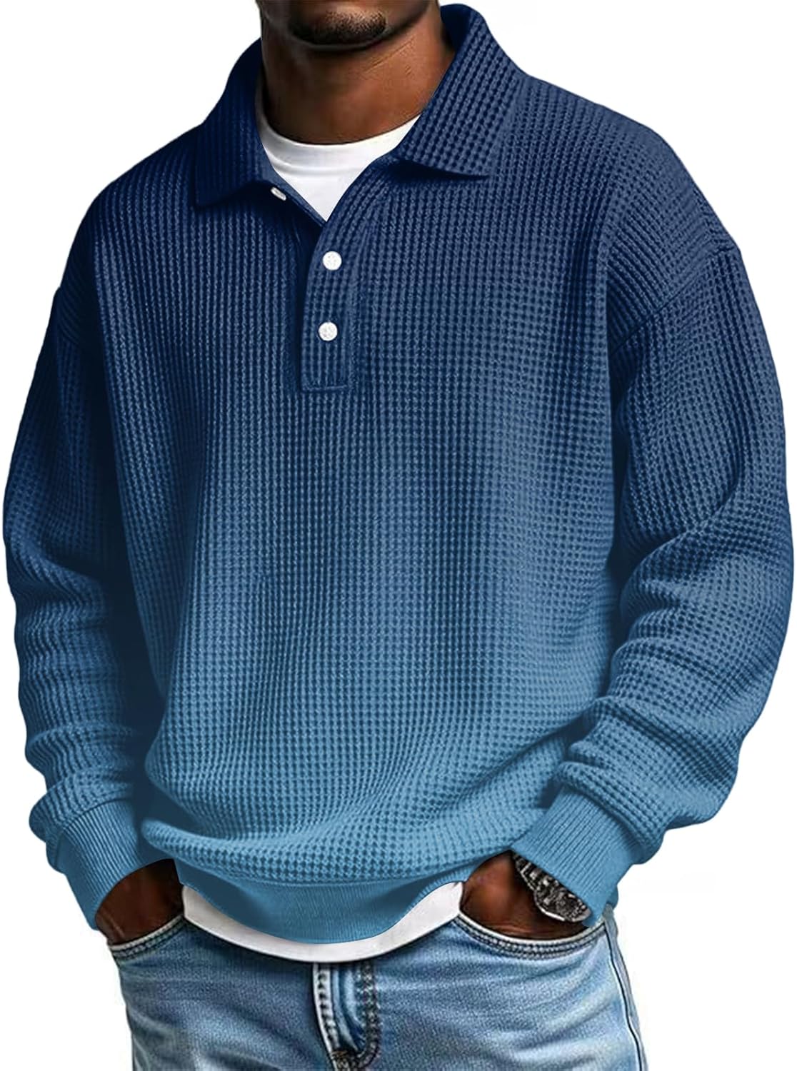 Ymosrh Mens Waffle Knit Polo Shirts Gradient Color Long Sleeve Spring Summer Formal Business Work Golf Shirts, S-5XL