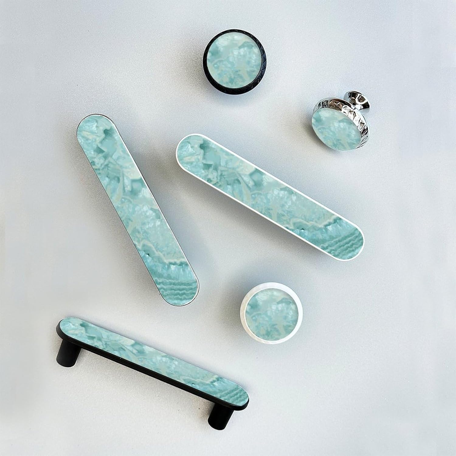4 Pack Aquamarine Pastel and Teal Agate Pattern Print Cabinet Pull 3-3/4 Inch (96 mm) Center to Center White Cabinet Handles Unique Drawer Pull Bathroom Drawer Handle Kitchen Cabinet Hardware