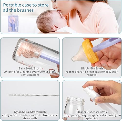 Miniatura 5 de VOOWO - Cepillo para biberones de bebé, kit de limpiador portátil de botellas de viaje, juego de cepillos de silicona para biberones con cepillo