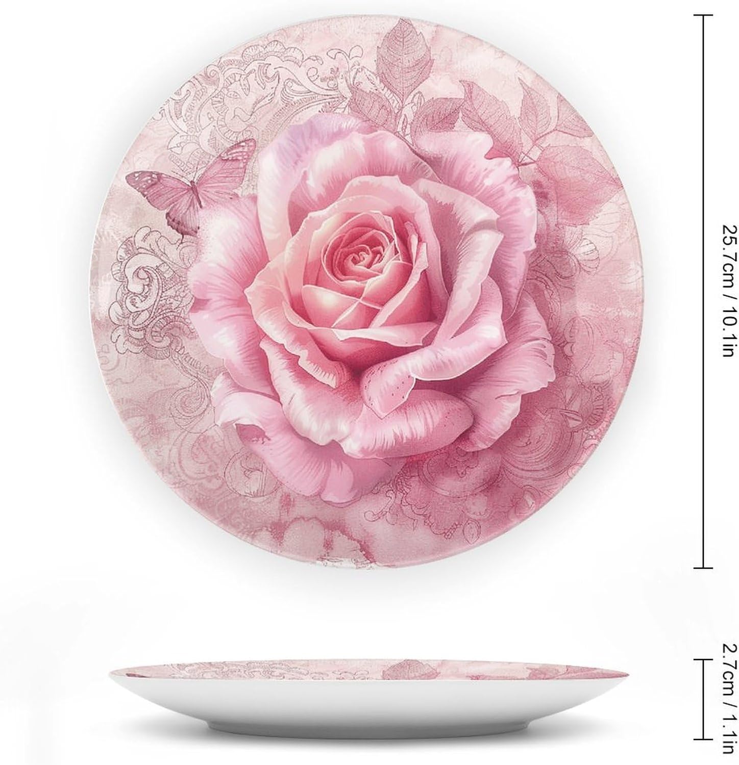 Delicate Peach Butterfly Ceramic Plate 10inch Decorative Bone China Wall Hanging Ornament Plates Bohemian Style Dinner Plate with Display Stand Cabinet Display Plates for Home Art Decor