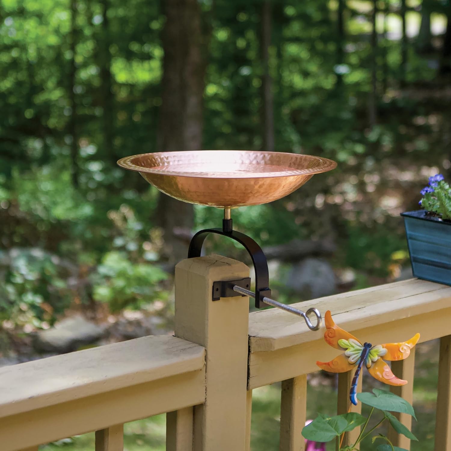 Hammered Solid Copper Birdbath- Over Rail Bracket